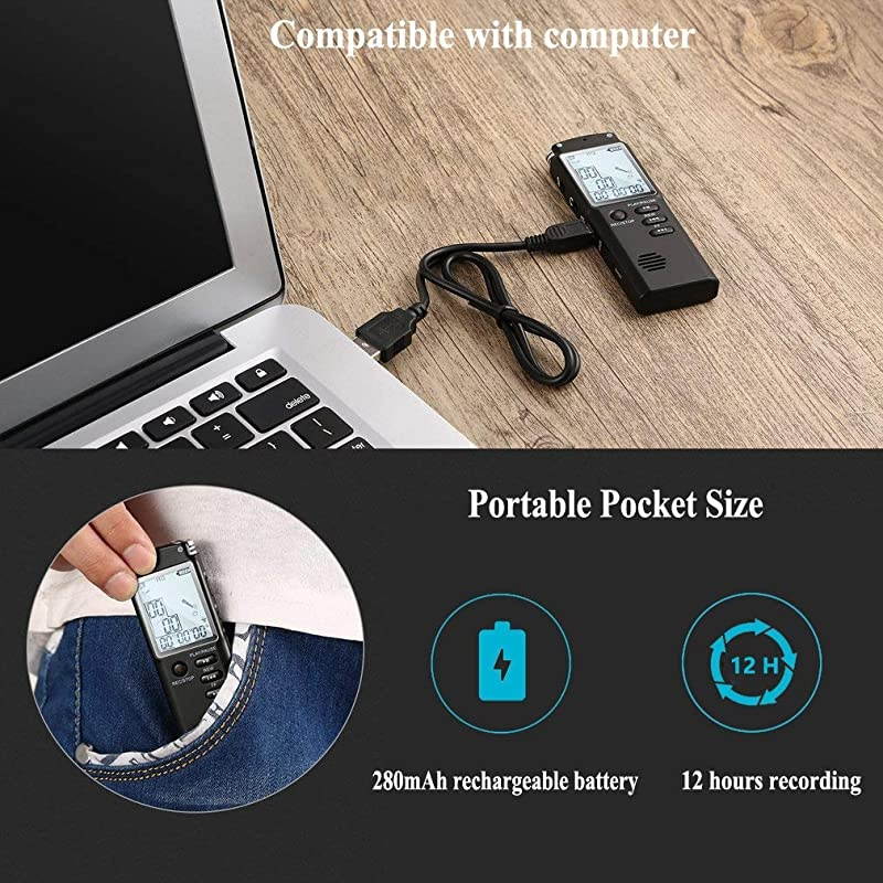 8GB Voice Recorder USB Rechargeable Dictaphone LCD Recorder with Speaker Multifunctional Digital Audio and MP3 Music Player Black