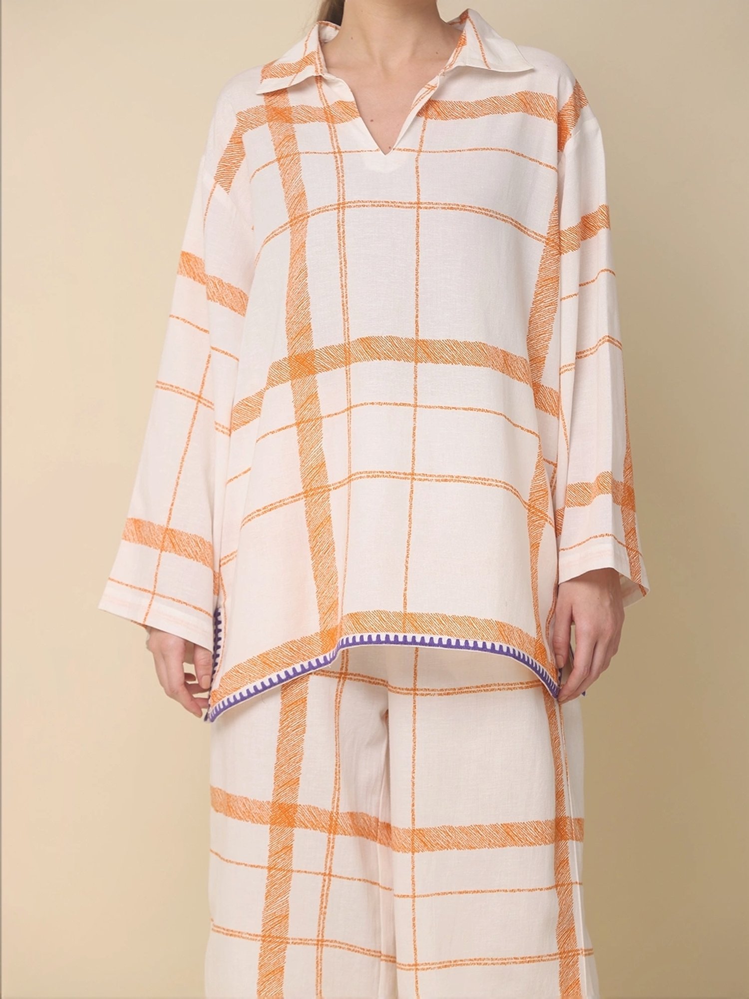 Zolo Label White Cotton Chequered Top Palazzo Set