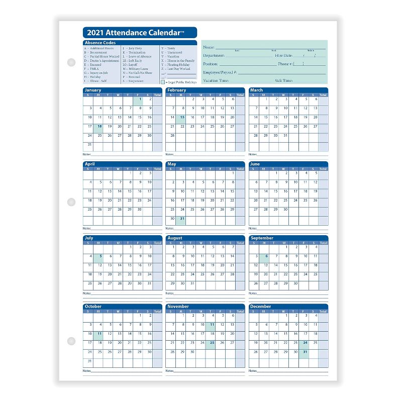 ComplyRight 2021 Attendance Calendar Card, White, Pack of 50 (A4000W50) 