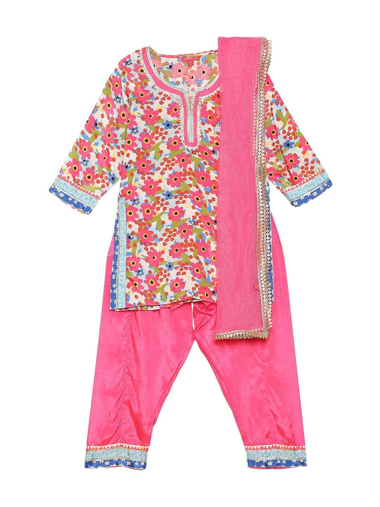 BIBA Girls Pink Floral Print Full Sleeves Kurta Set