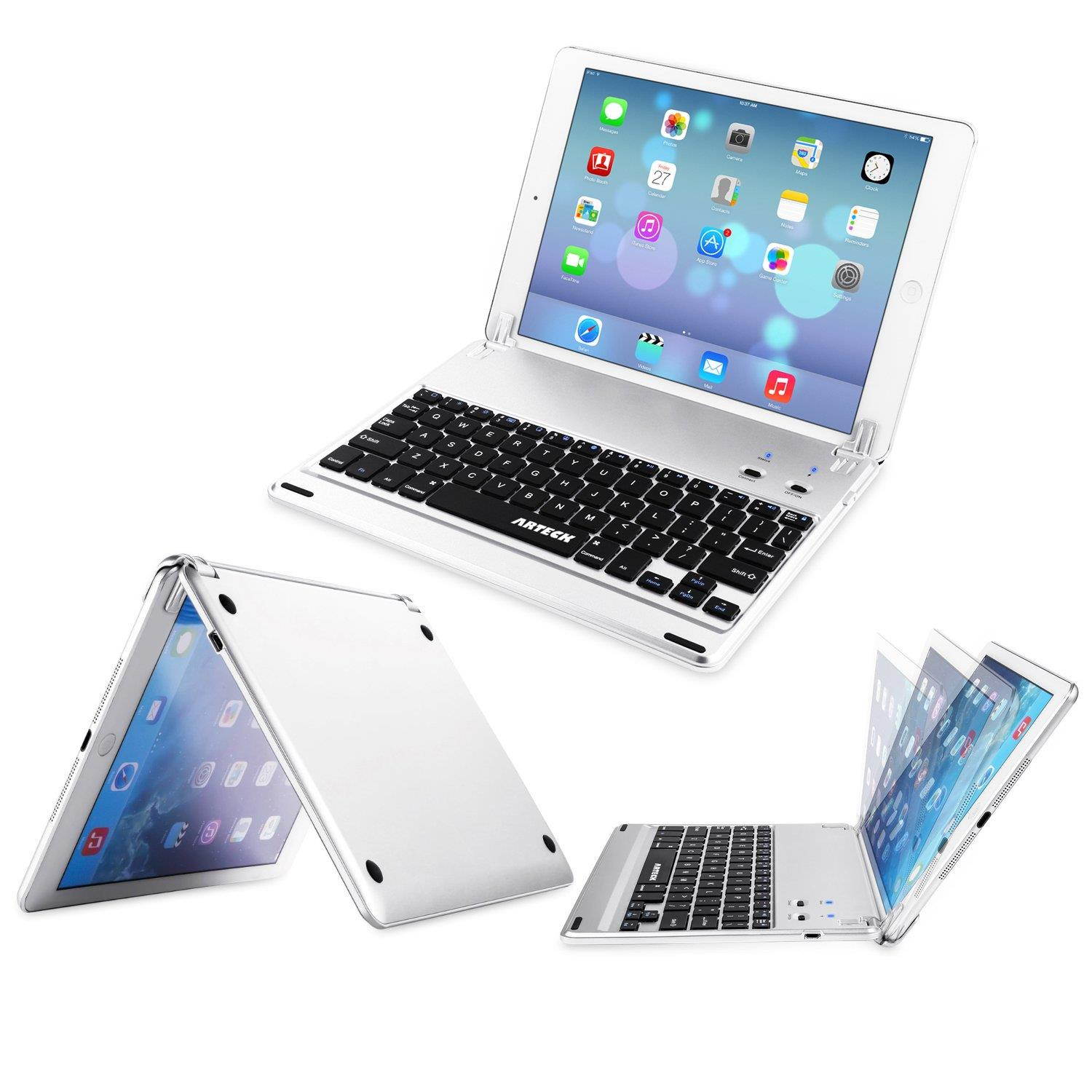 Arteck Ultra-Thin Apple iPad Air 2/9.7-inch iPad Pro Bluetooth Keyboard Folio Case Cover with Built-in Stand Groove for Apple iPad Air 2 with 130 Degree Swivel Rotating-Silver