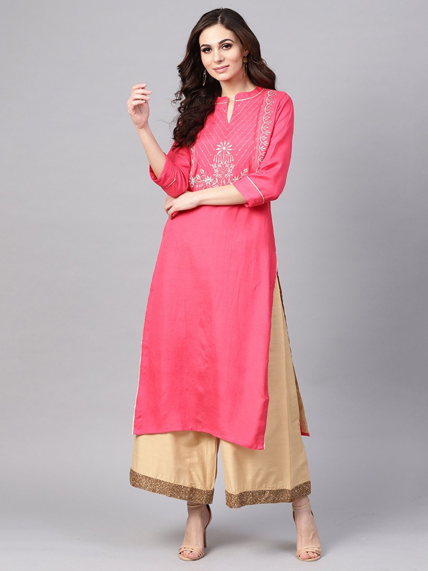 Geroo Jaipur Pink Hand Embroidered Straight Rayon Kurta