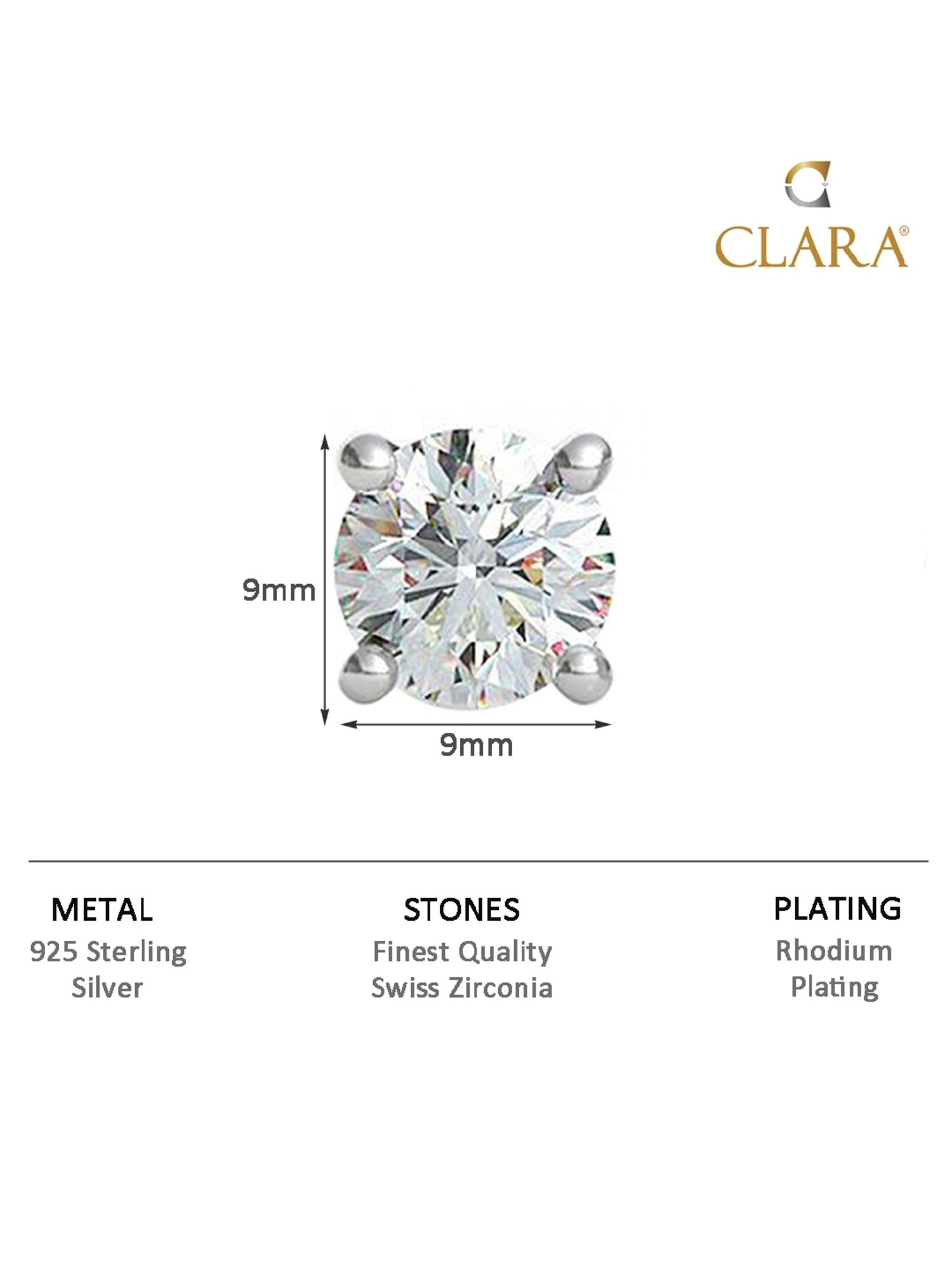 Clara 925 Pure Sterling Silver Round Solitaire 9 mm Stud Earring Gift for Men