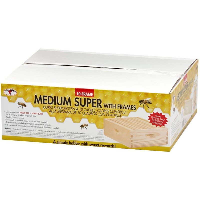 Little Giant MEDBOX10 10 Frame Medium Honey Super Beehive Brood Body Wooden Keepsake Box, Natural Unfinished Pine with Wax Coated Frames