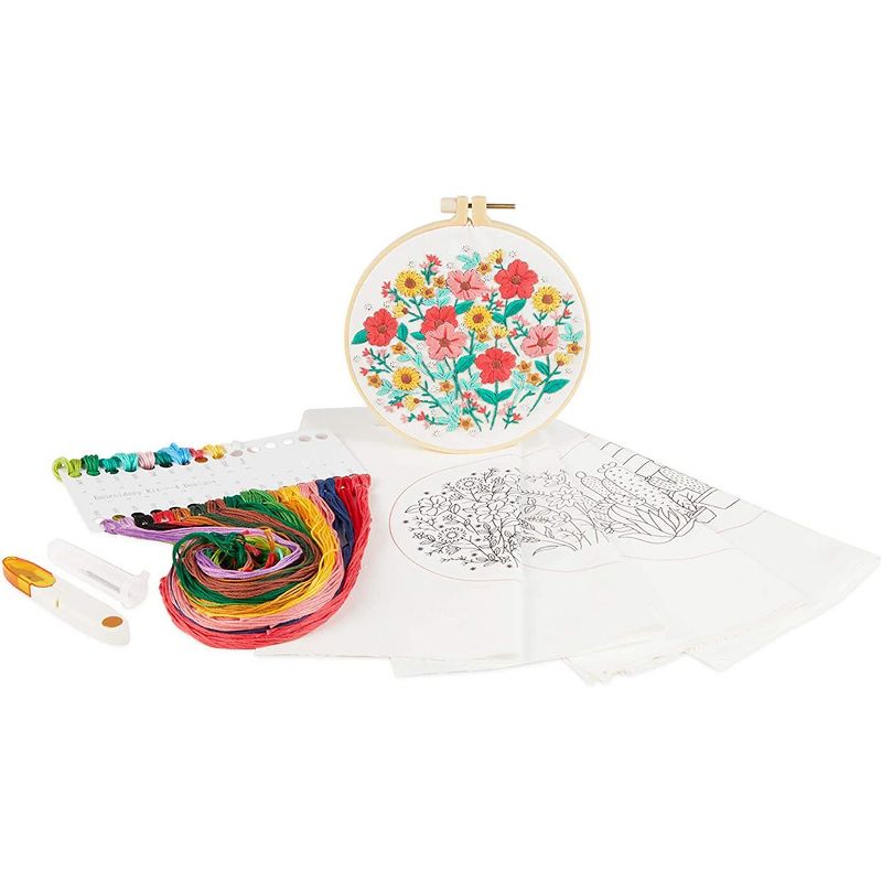Bright Creations 14 Pieces Hand Embroidery Kit, Yarn, 4 Floral Patterns, Hoops, Needles, Scissors, Arts and Crafts