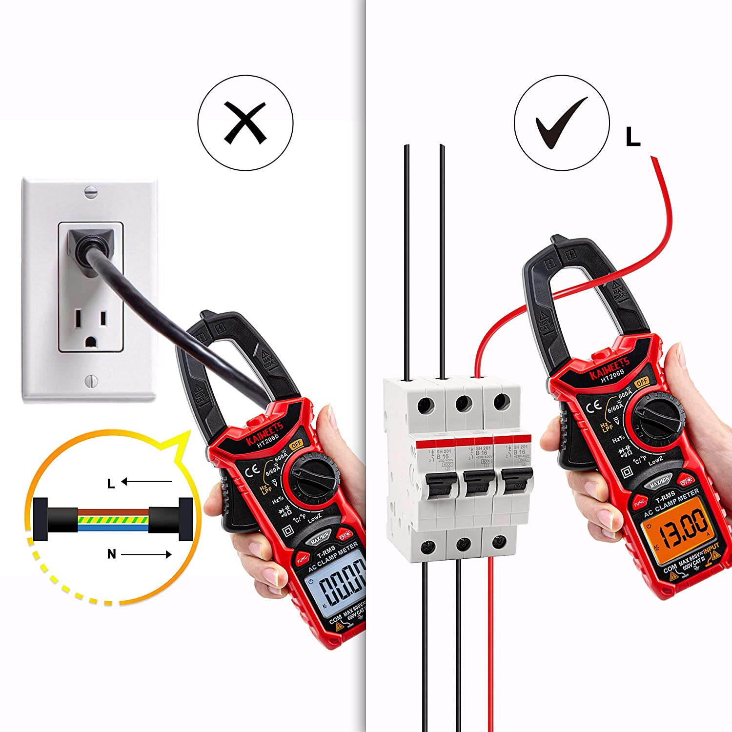 Clamp Meter HT206B 6000 Counts, 600A AC Ampere Meter, NCV 600V AC/DC Voltage Mesure, with LCD Backlit, Capacitance, Battery, Continuity, Resistance, Diodes, Temperture, Duty, Frequency Test