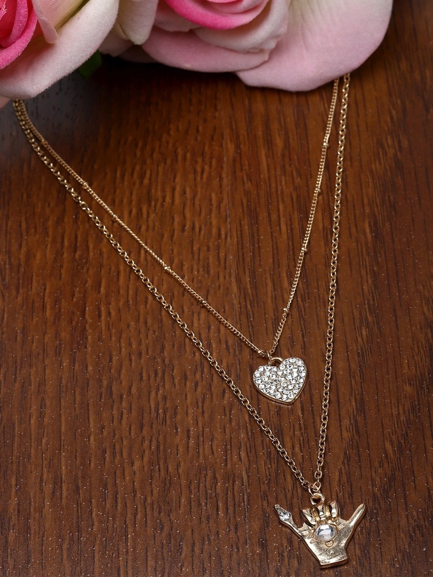 Karatcart Golden Heart and Hand Multicharm Multilayered Chain Women