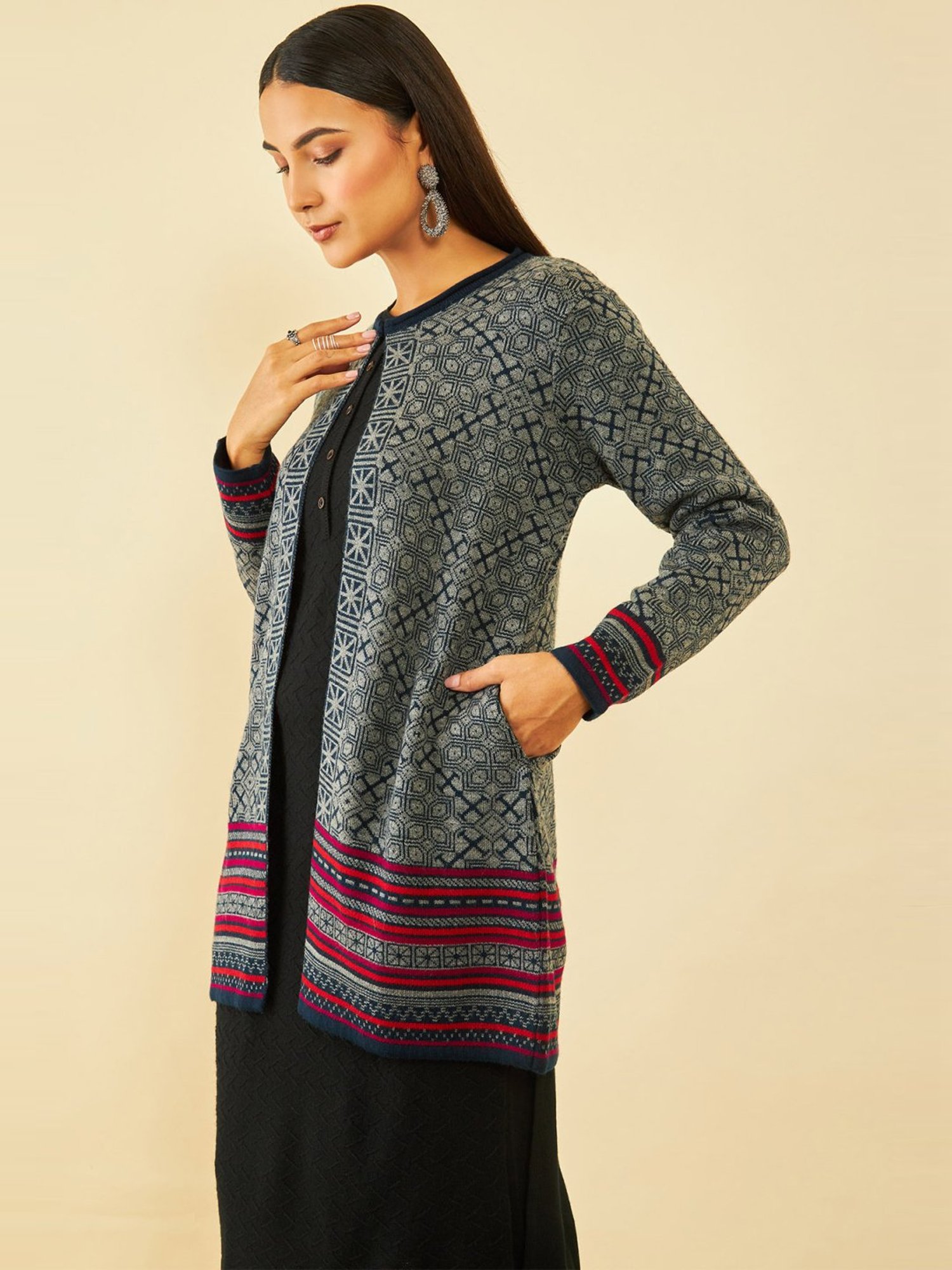 Soch Navy Blue Acrylic Ethnic Motifs Pattern Knitted Open-Front Longline Shrug