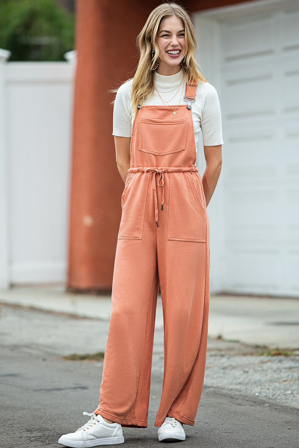 Rose Tan Solid Self Tied Straps Pleated Wide Leg Jumpsuit