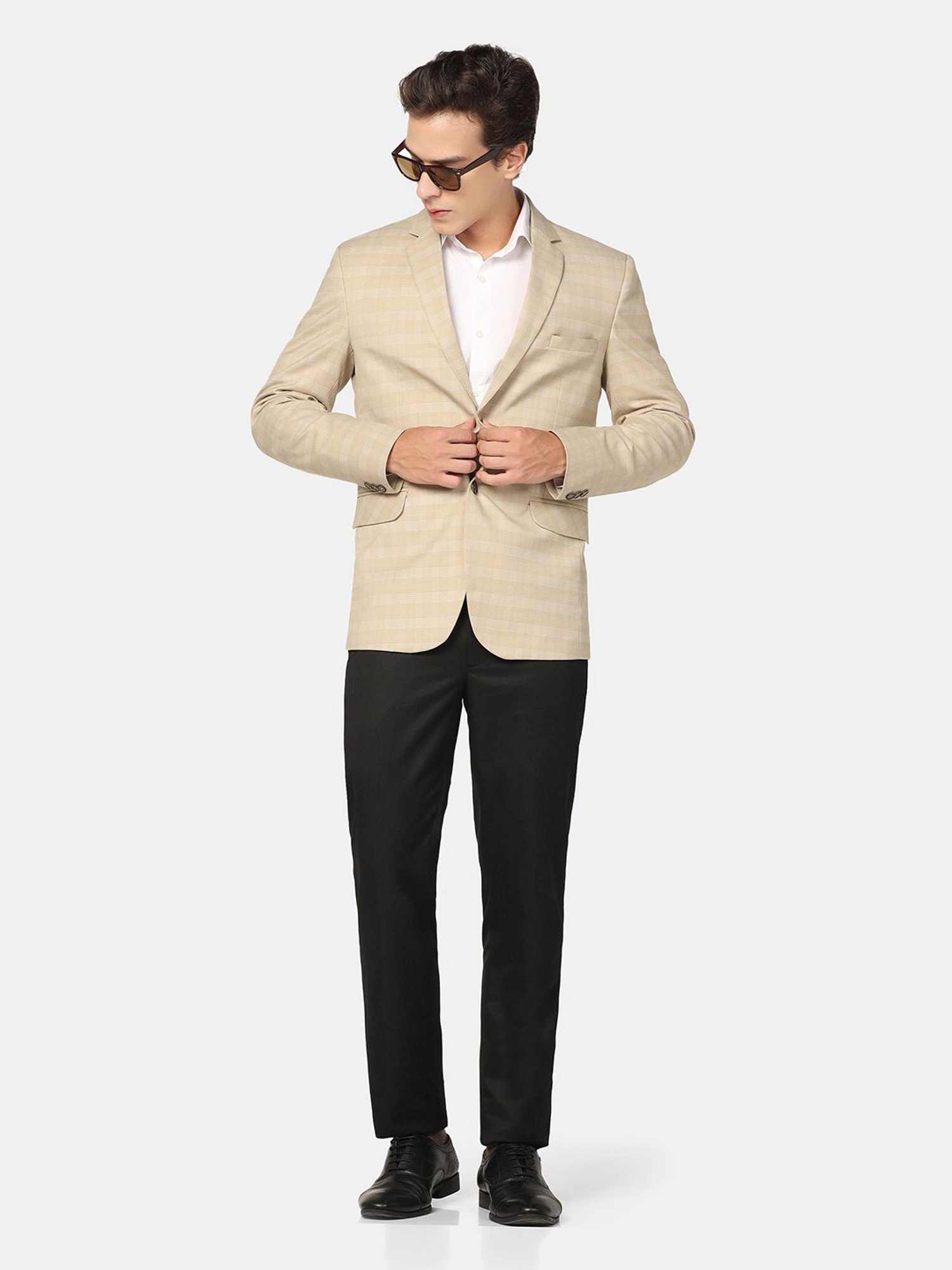 TAHVO Beige Slim Fit Check Blazer