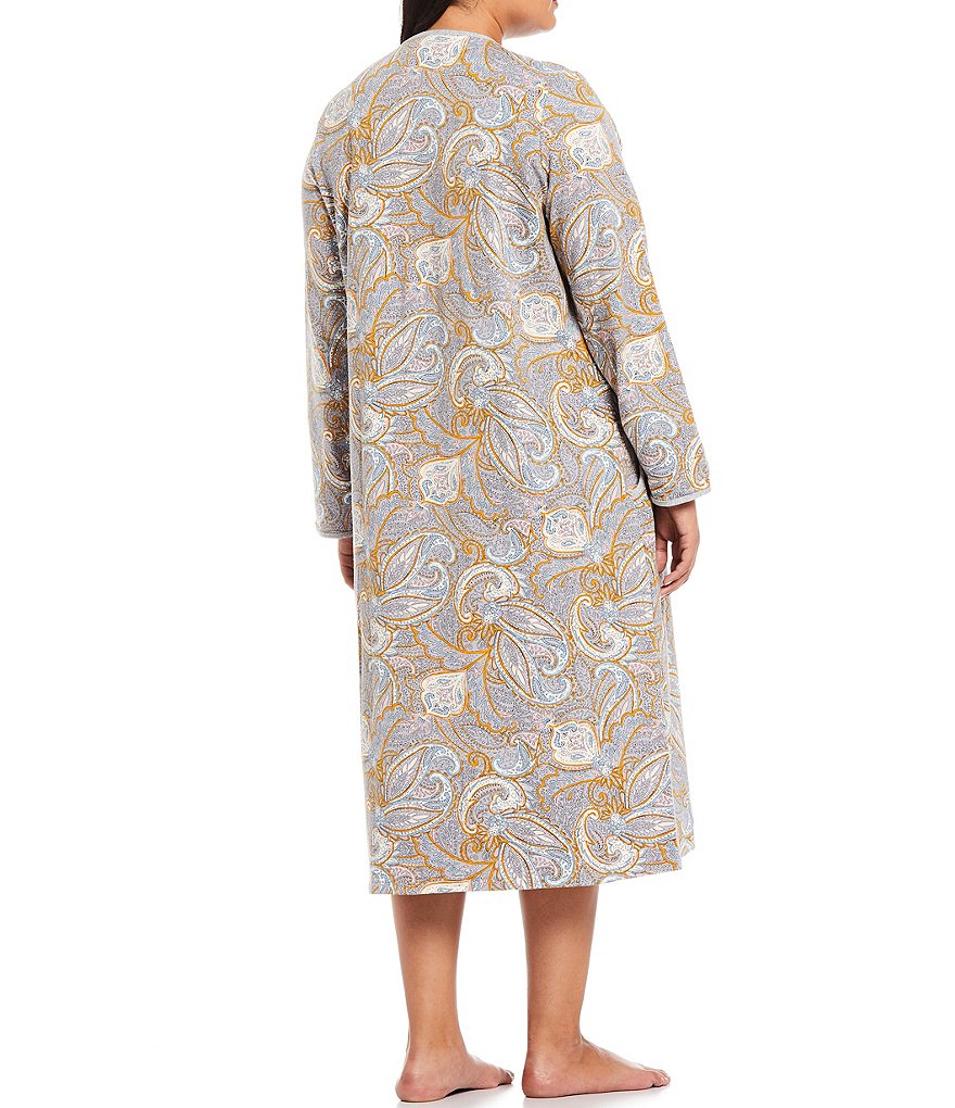Miss Elaine Plus Paisley Print French Terry Zip Front Round Neck Long Sleeve Long Robe