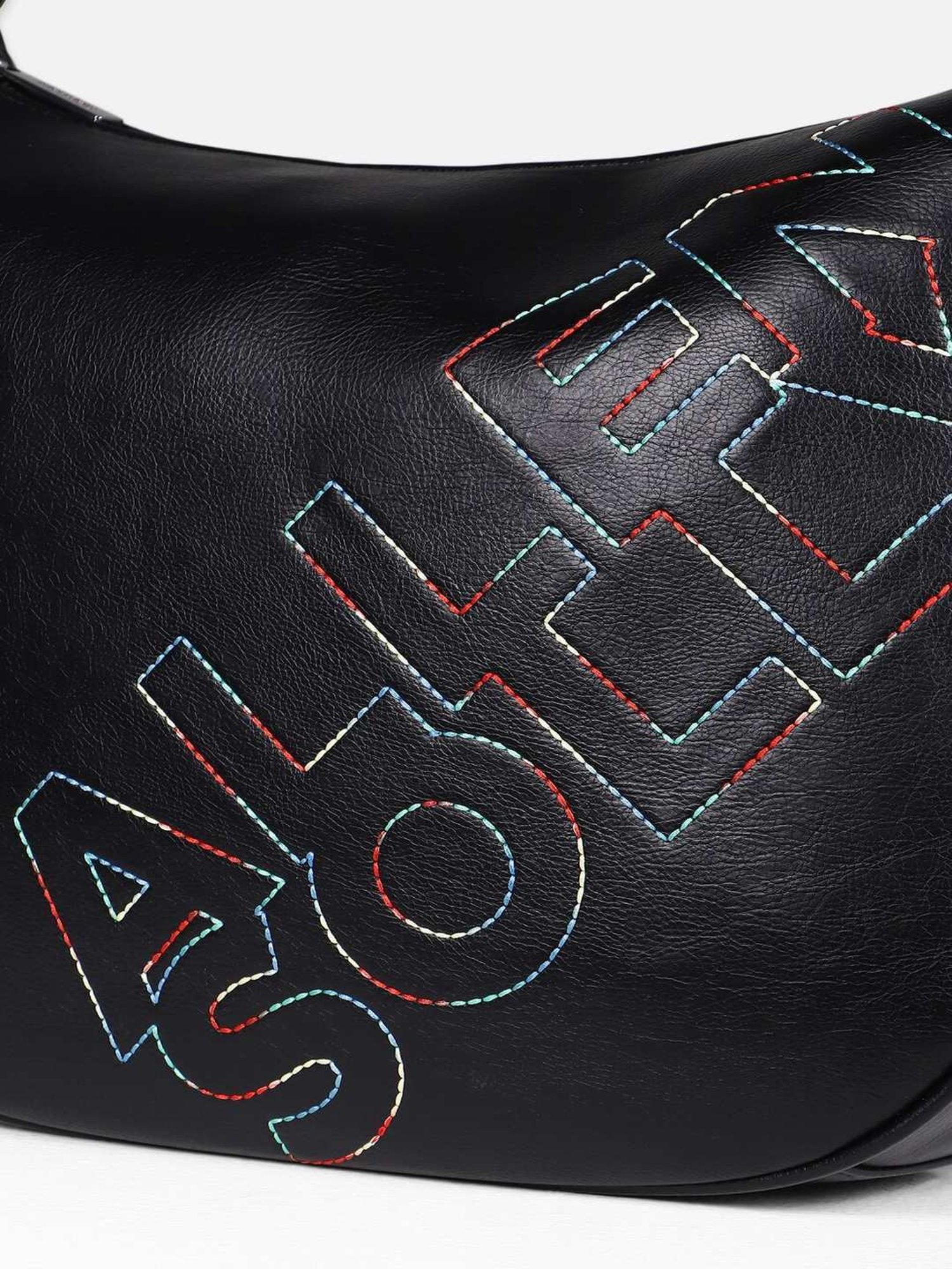 Allen Solly Black Embroidered Medium Shoulder Handbag