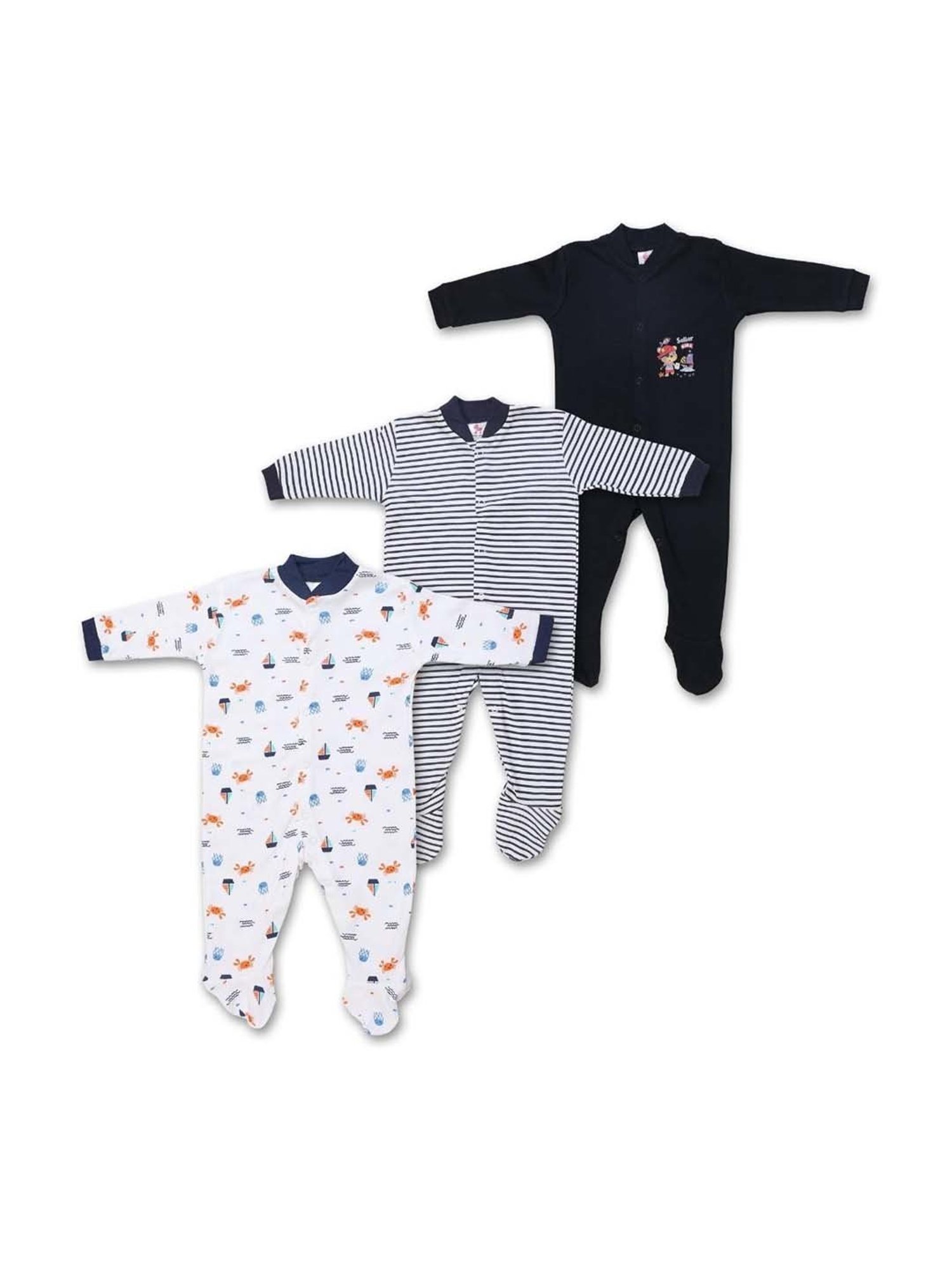 poplins Kids Multicolor Cotton Printed Full Sleeves Rompers (Pack of 3)