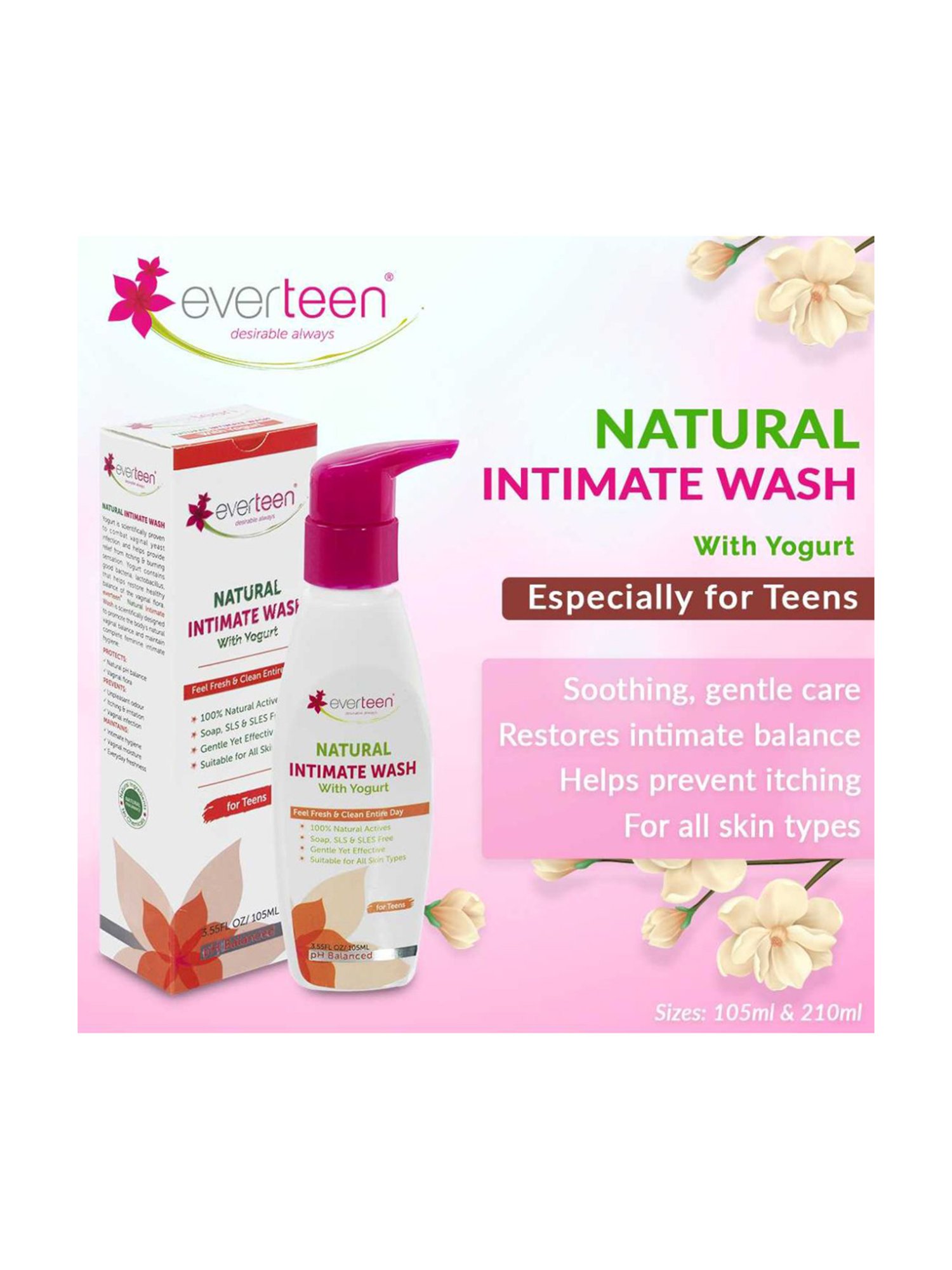 everteen Yogurt Natural Intimate Wash for Feminine Intimate Hygiene in Teens - 1 Pack - 105 ml