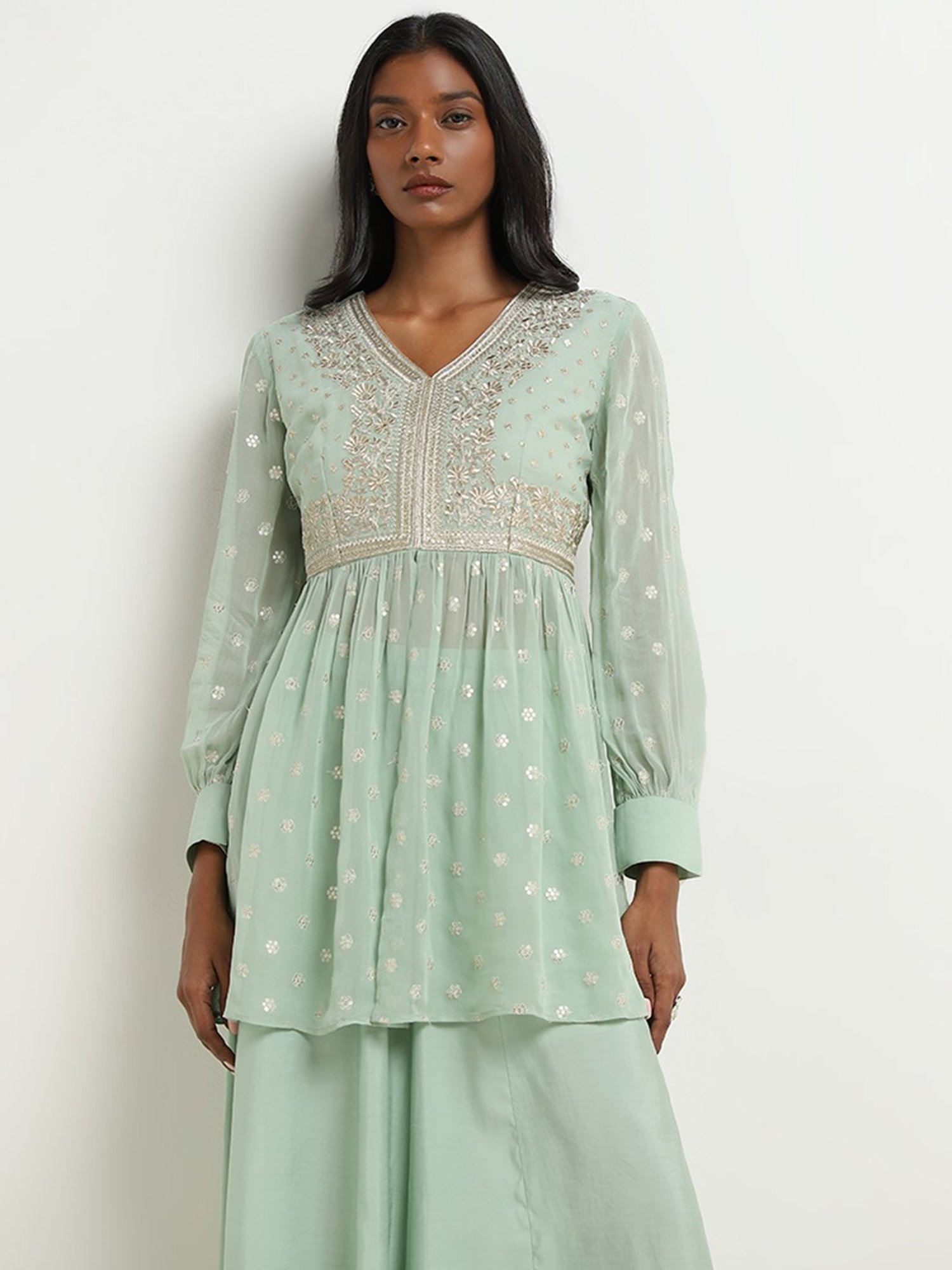 Vark by Westside Sage Floral Embroidered Ethnic Top with Palazzos Set