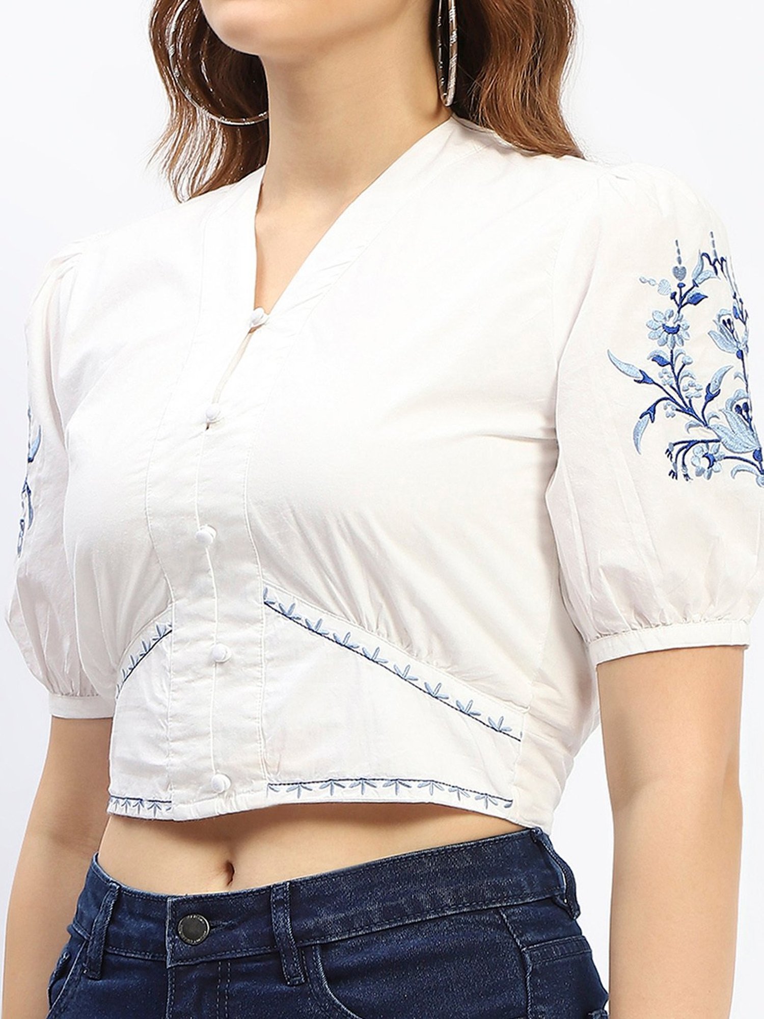 MADAME Off White Cotton Embroidered Crop Top