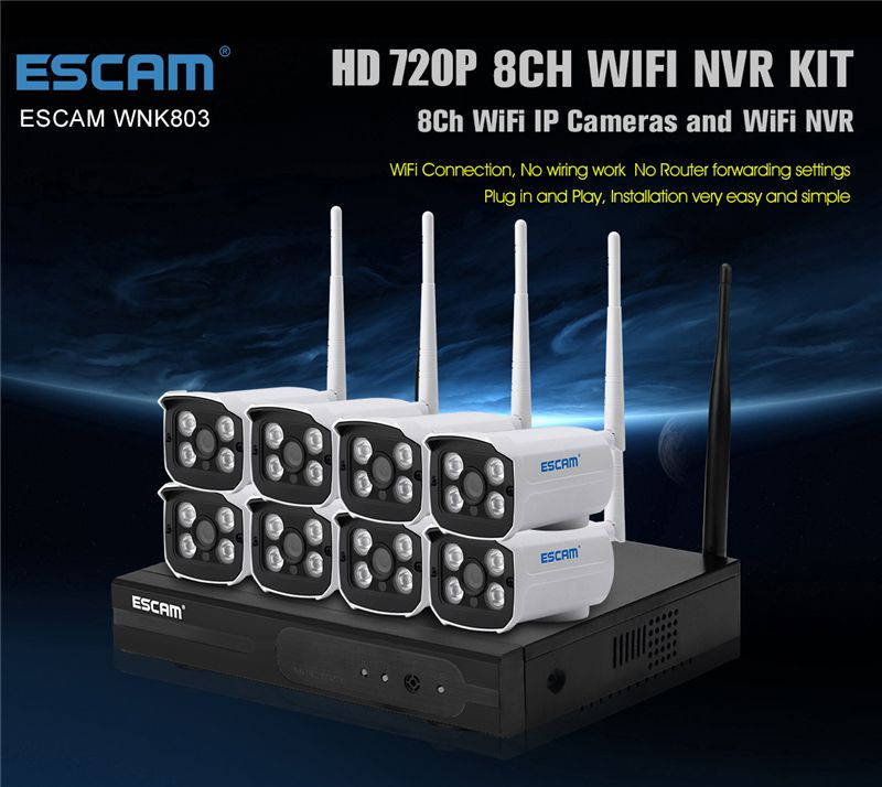 ESCAM WNK803 8CH Wireless NVR with 8pcs HD 720P WIFI IP Camera 3.6mm Lens