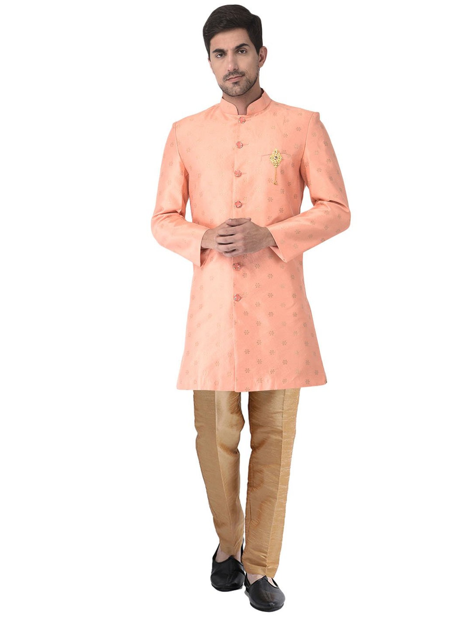 SG LEMAN Peach Regular Fit Printed Sherwani And Pant Set