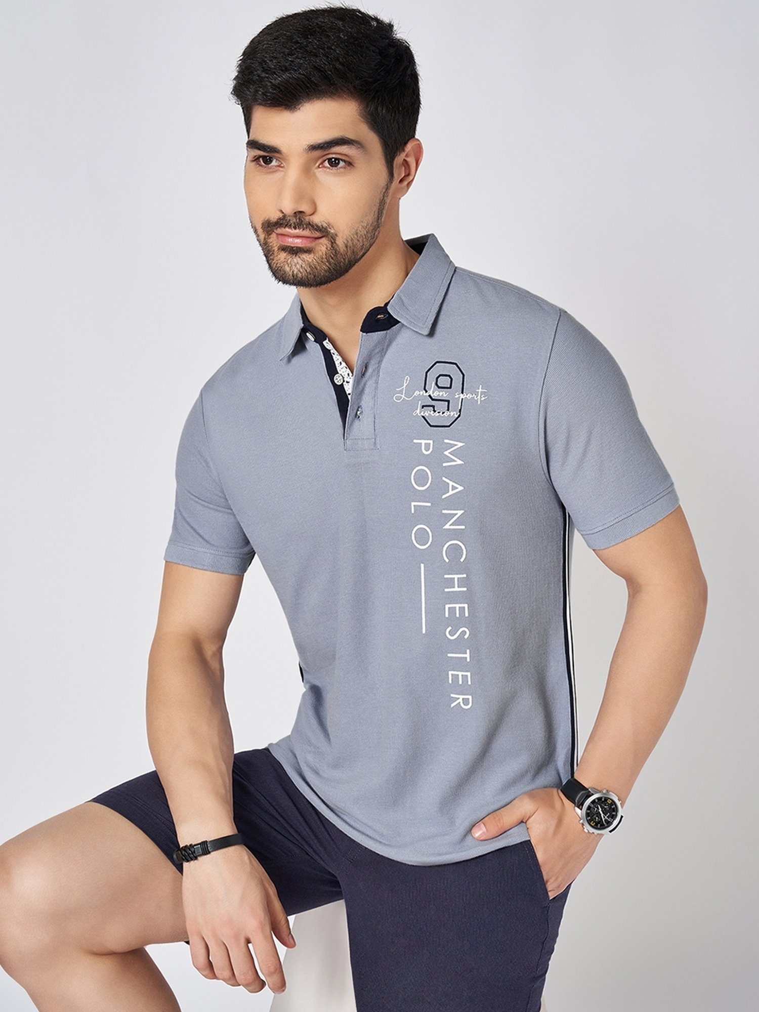 Byford by Pantaloons Crystal Blue Cotton Slim Fit Solid Polo T-Shirt