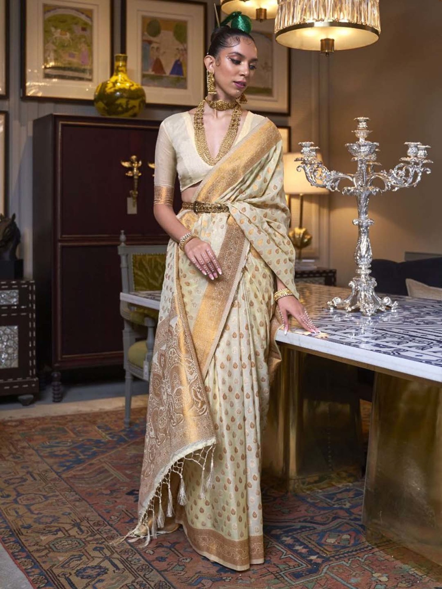 Elora Beige Woven Saree With Unstitched Blouse