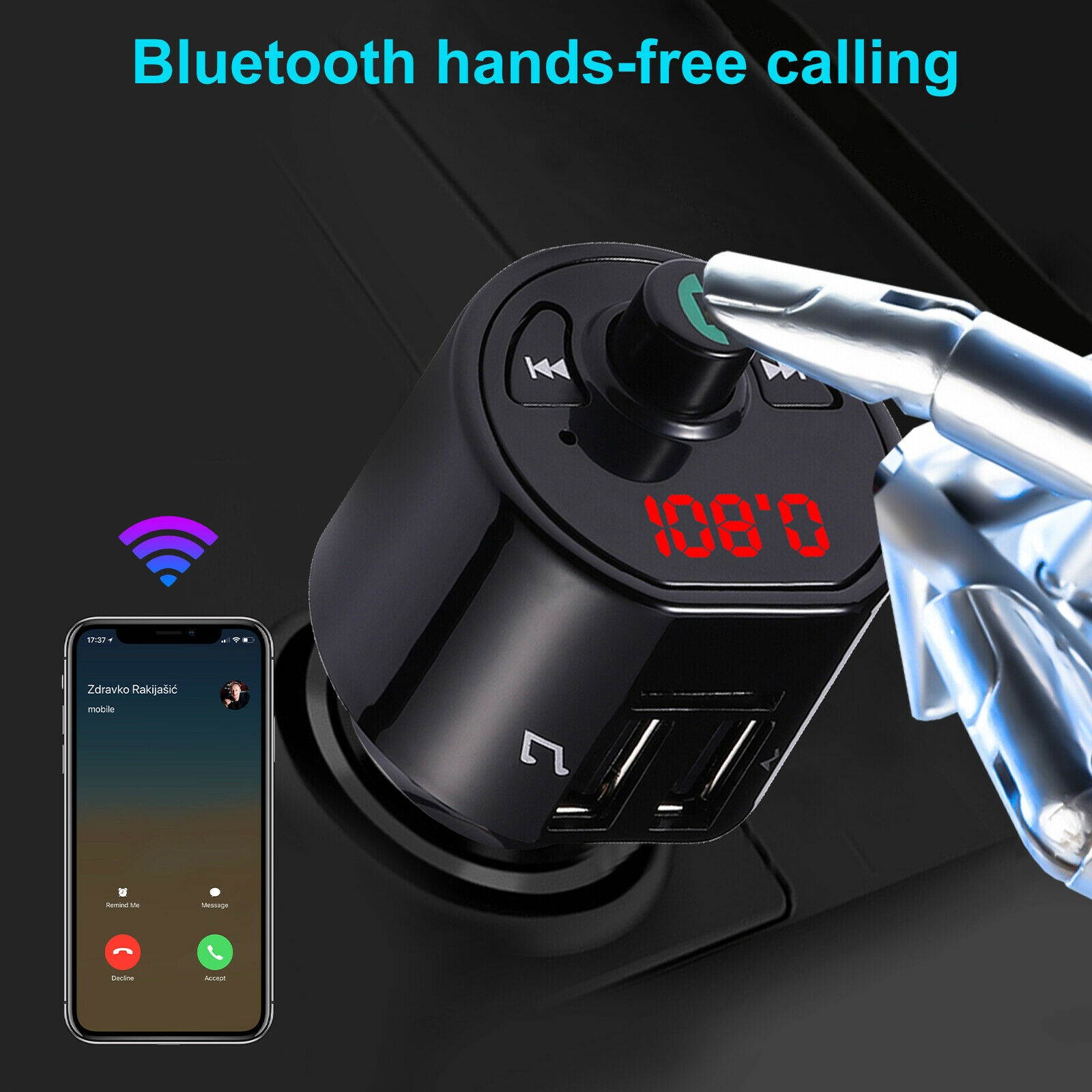 Wireless Bluetooth 5.0 Car FM Transmitter Music AUX Radio LED 2 USB Charging Kit