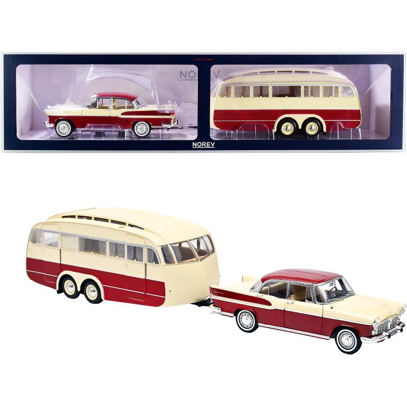 1958 Simca Vedette Chambord & Caravane Henon Travel Trailer Cardinal Red & Ivory Set of 2 pcs 1/18 Diecast Model Car by Norev