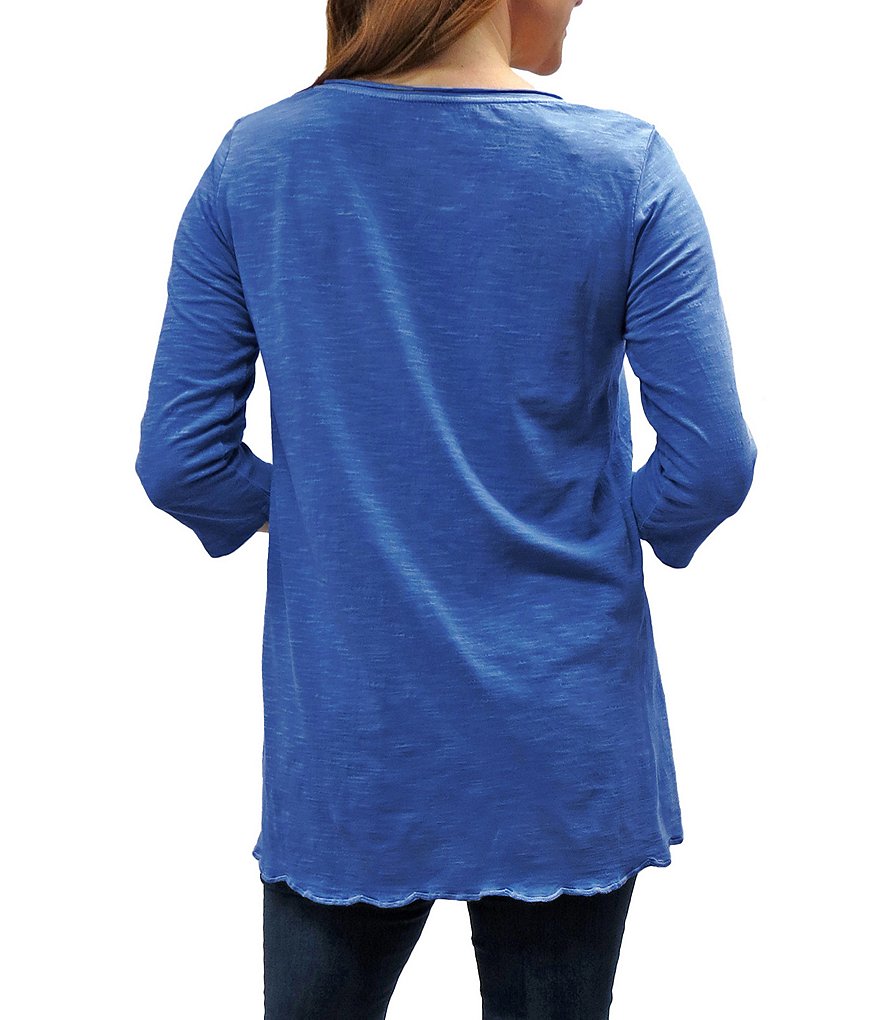 Karyn Seo Mari Vintage Tonal Embroidered V-Neck 3/4 Sleeve Scalloped Hem Cotton Tunic Top