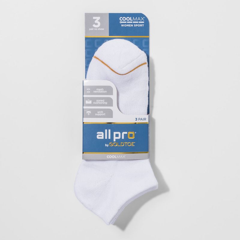 All Pro Women's 3pk Coolmax No Show Socks - White