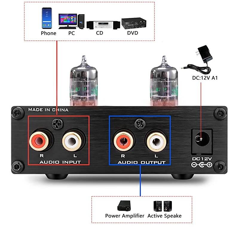 TUBE03 Tube Preamp GE5654 Tube HiFi Tube Preamplifier with Bass Treble Control Home Theater Stereo Audio Preamplifier DC 12V Black