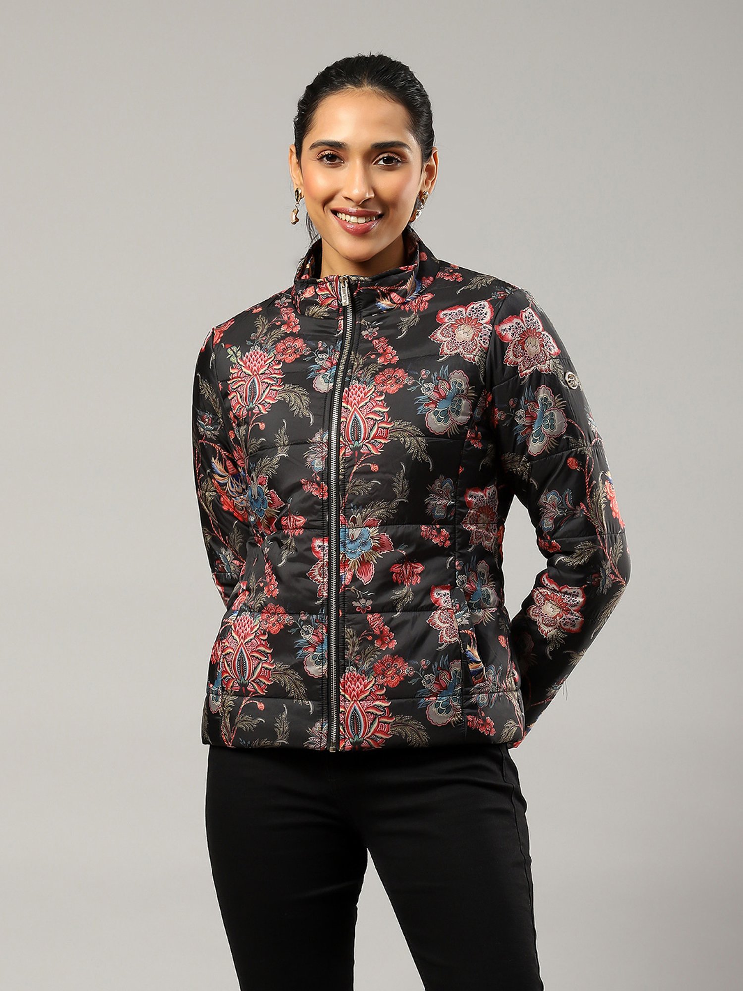 Label Ritu Kumar Black & Red Floral Print Puffer Jacket