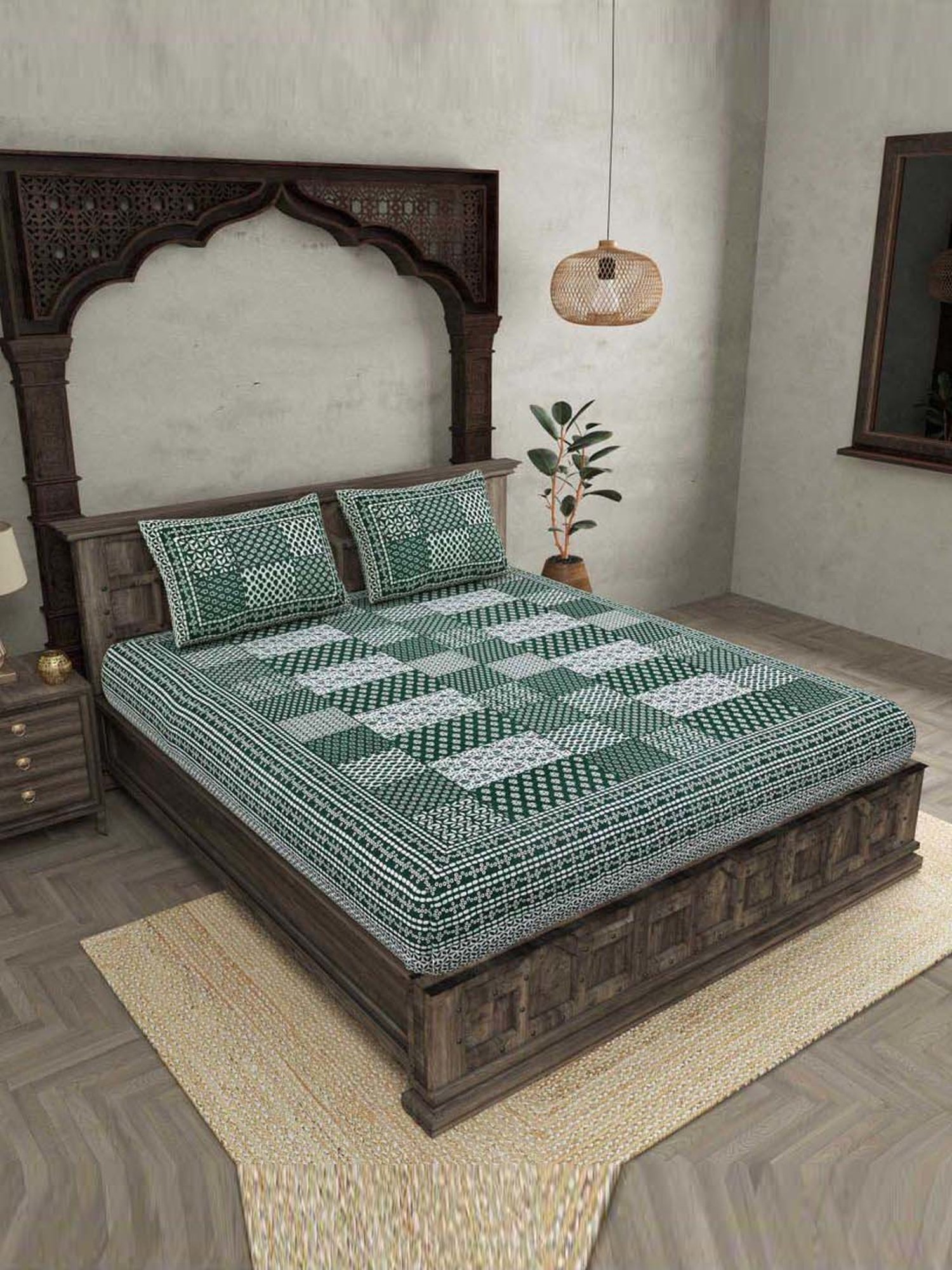 JaipurFabric Dark Green Cotton 180 TC Double Bedsheet with 2 Pillow Covers