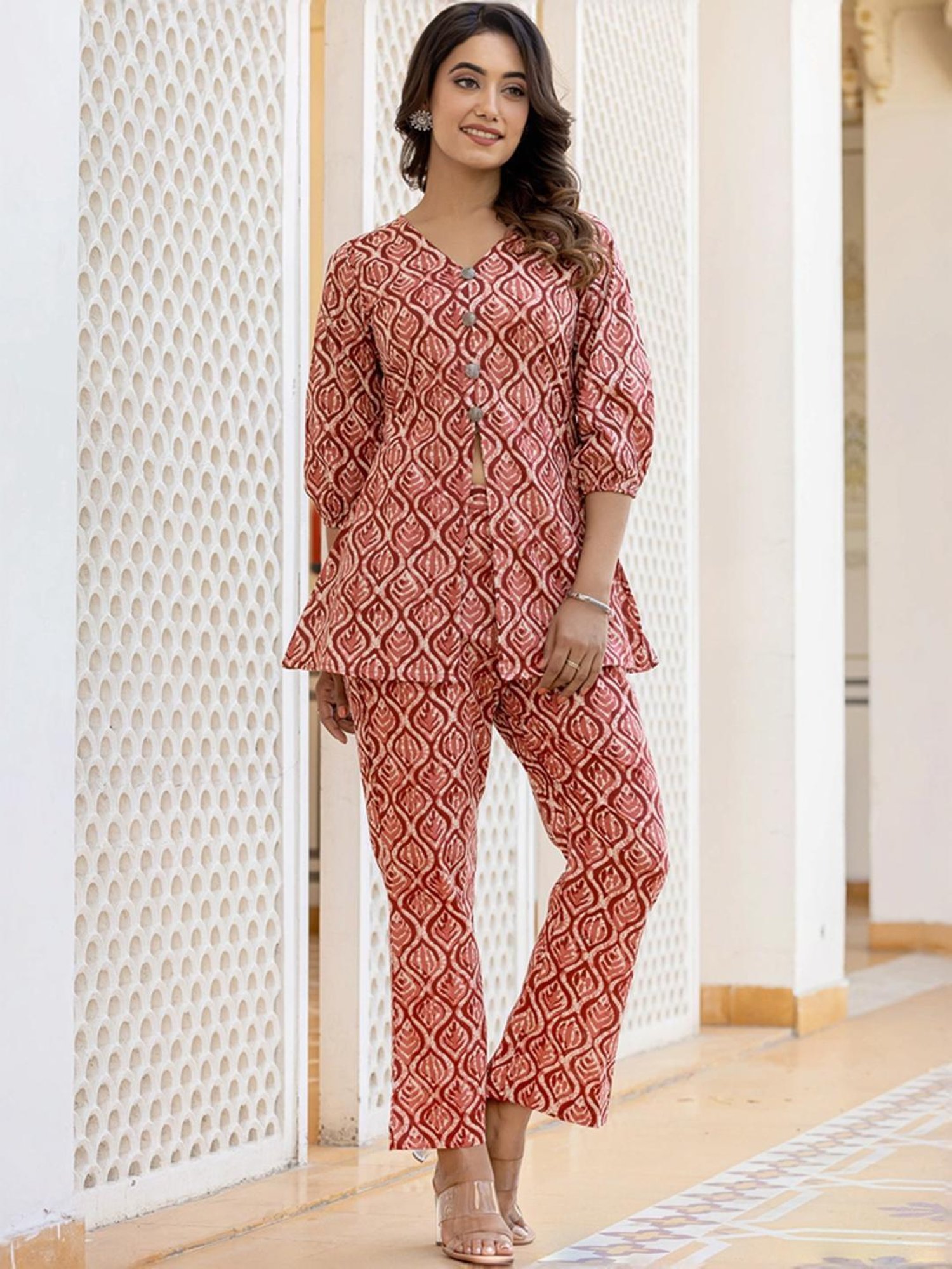 Yufta Maroon Cotton Printed Tunic Pant Set