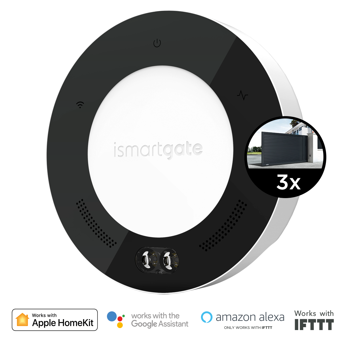 ismartgate PRO gate: Wi-Fi opener to control and monitor up to three gates from anywhere with smartphone, tablet and PC. Compatible with HomeKit (Siri), Google Assistant, Amazon Alexa and iFTTT.