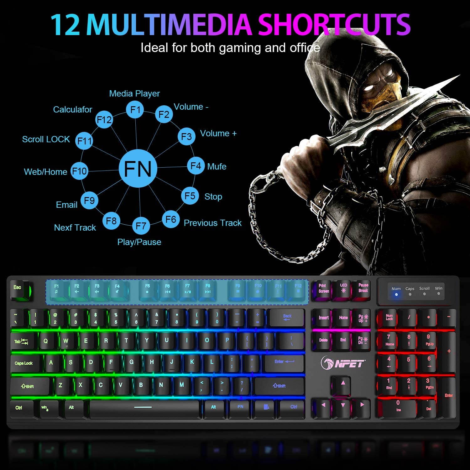 K10 Gaming Keyboard USB Wired Floating Keyboard, Quiet Ergonomic Water-Resistant Mechanical Feeling Keyboard, Ultra-Slim Rainbow LED Backlit Keyboard for Desktop, Computer, PC