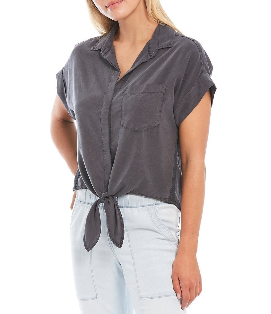 Cloth & Stone Woven Trimmed Short Sleeve Coordinating Tie Front Top