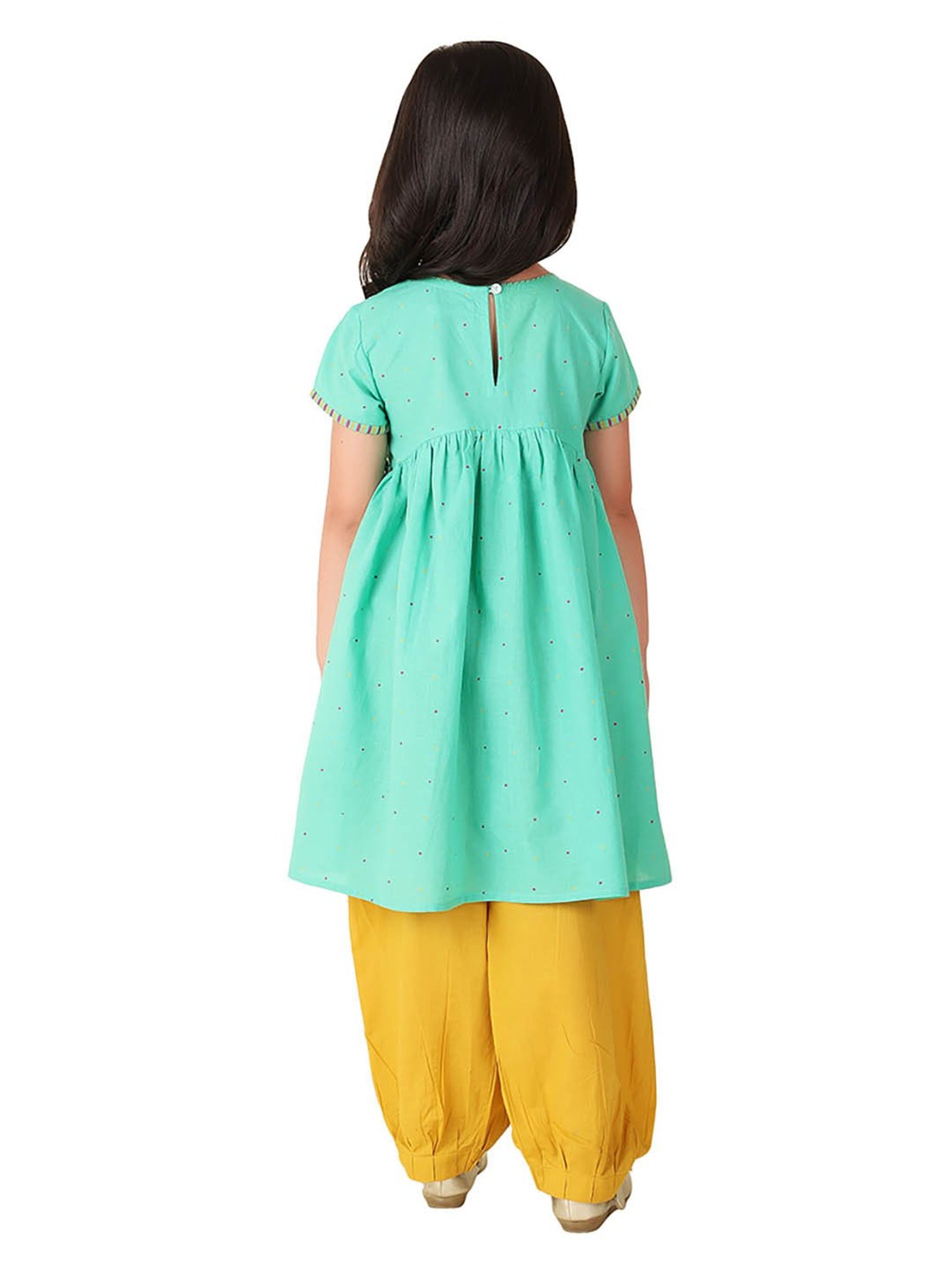 Fabindia Kids Green & Yellow Printed Kurta, Salwar with Dupatta