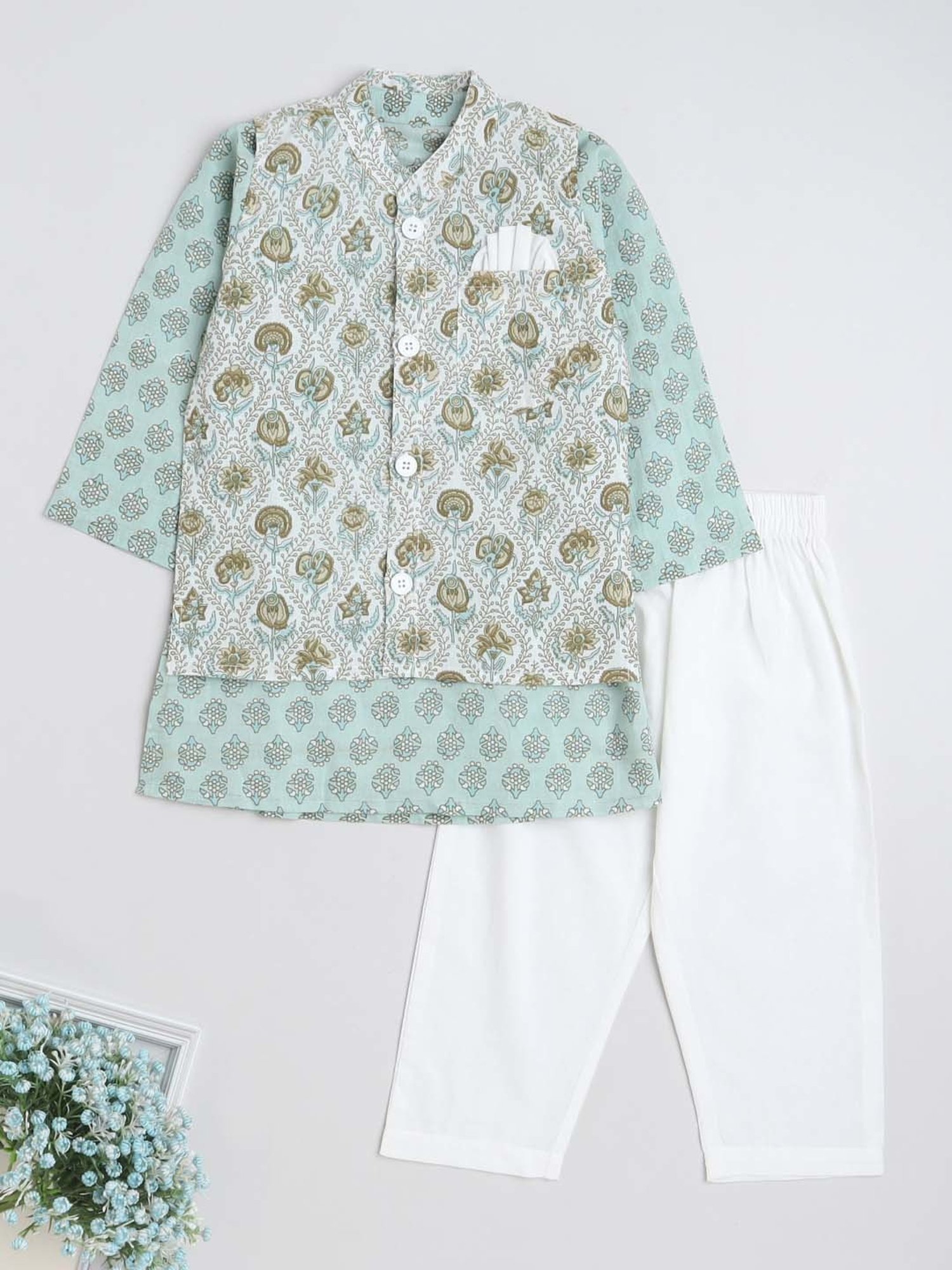The Magic Wand Kids Mint Green & White Cotton Floral Print Full Sleeves Kurta Set