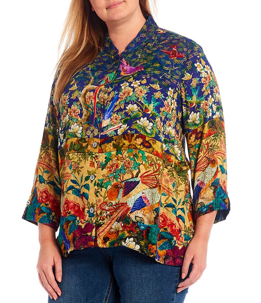John Mark Plus Size Tropical Print Button Front Banded Collar Neck 3/4 Sleeve Jacquard Blouse