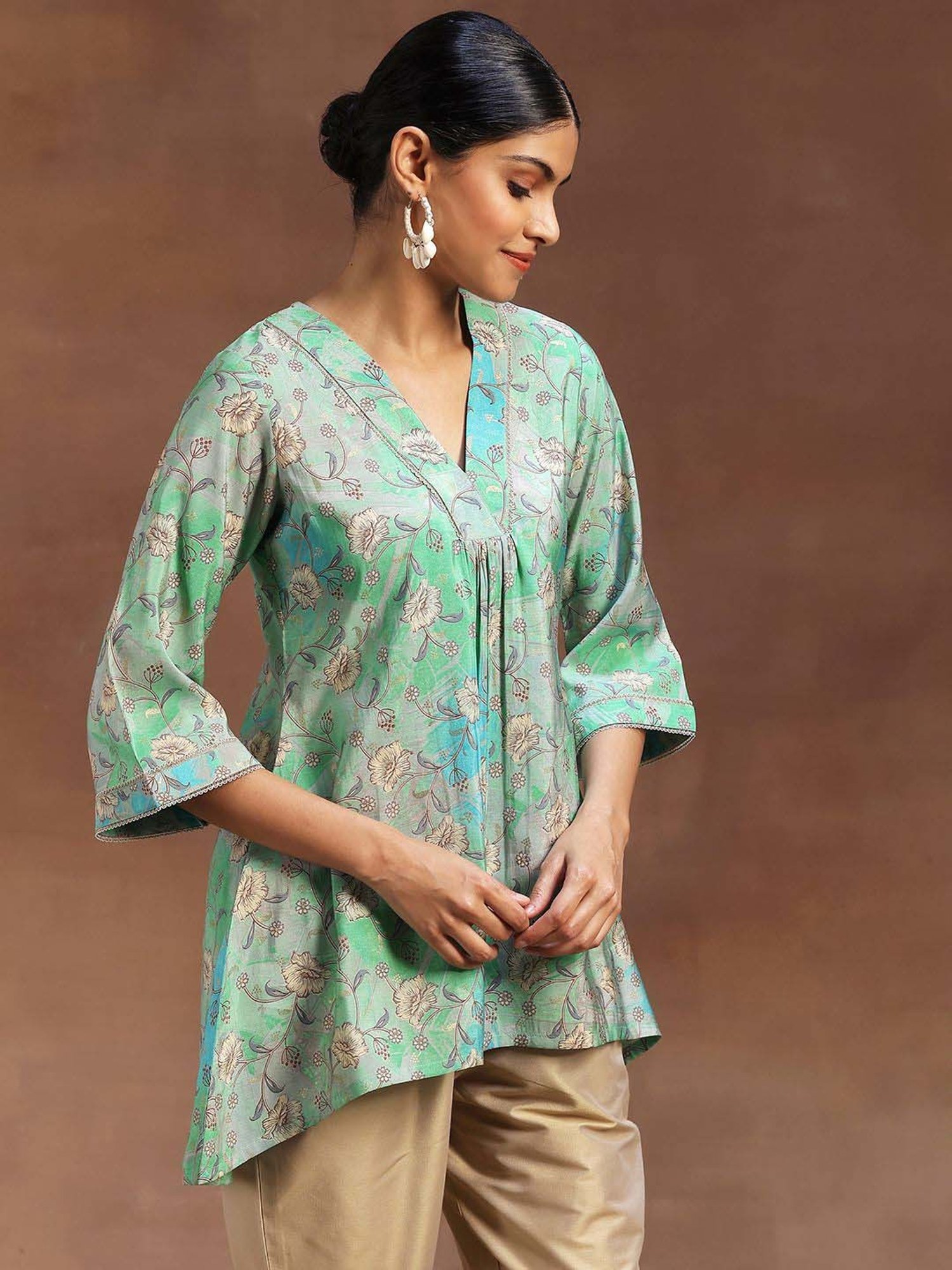 Libas Green Printed A Line Short Kurti