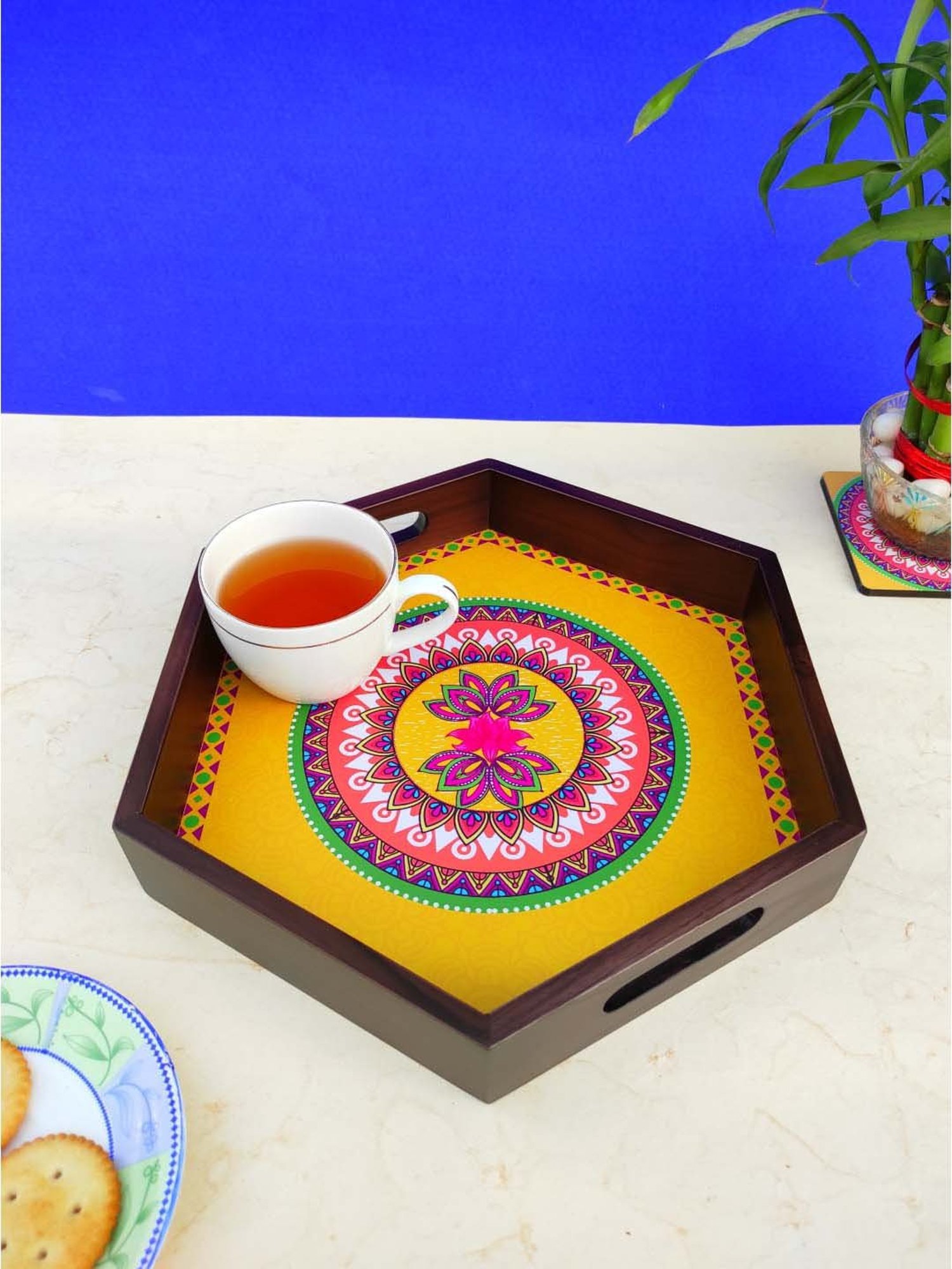 Crayton Multicolour Teak Wood Hexagon Serving Tray - Set of 1