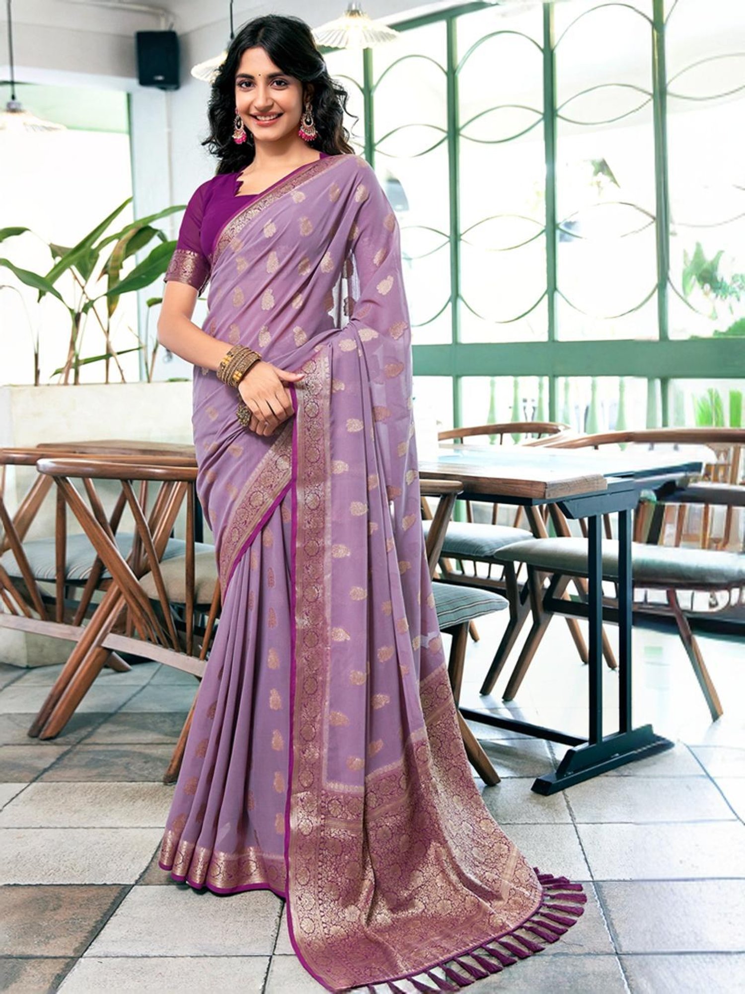 Satrani Purple Woven Saree With Unstitched Blouse