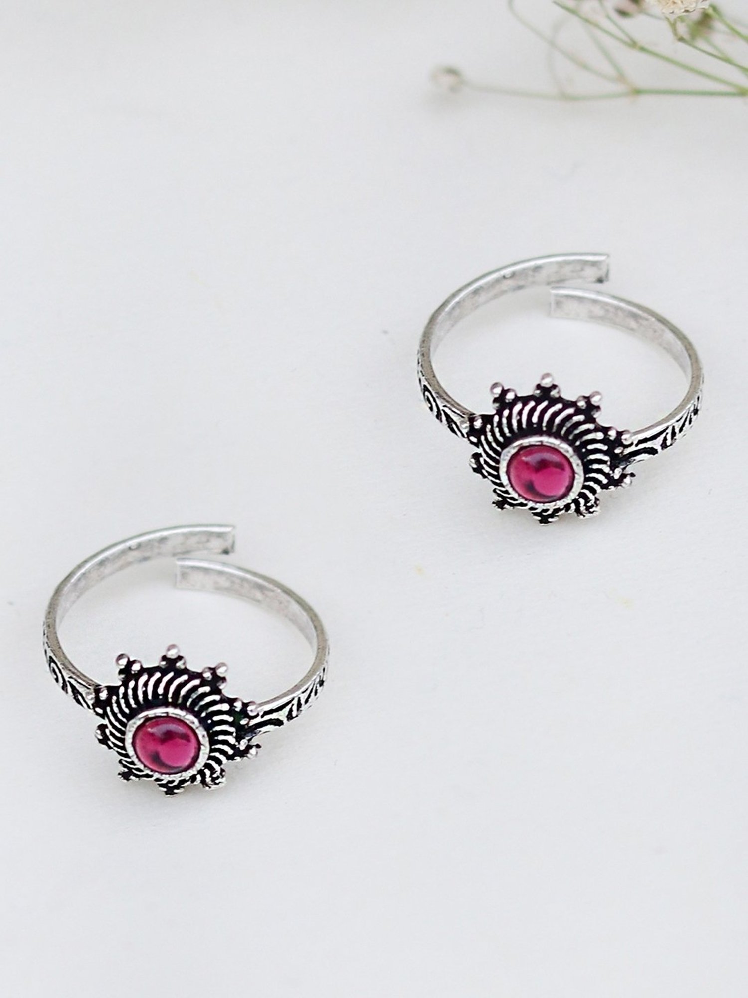 Teejh Ethnic Rishika Pink Stone Silver Oxidized Toe Rings for Women