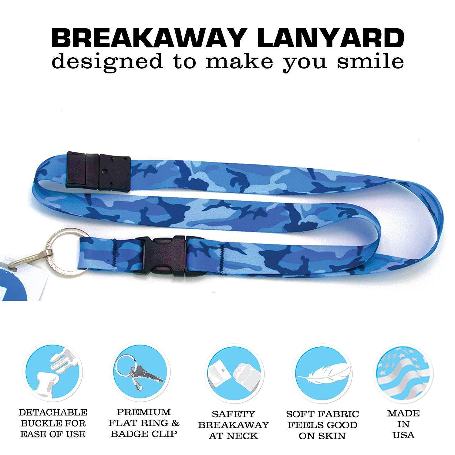 Buttonsmith Blue Camo Premium Breakaway Lanyard with Buckle and Flat Ring - Safety Breakaway, Buckle and Flat Ring - Made in USA