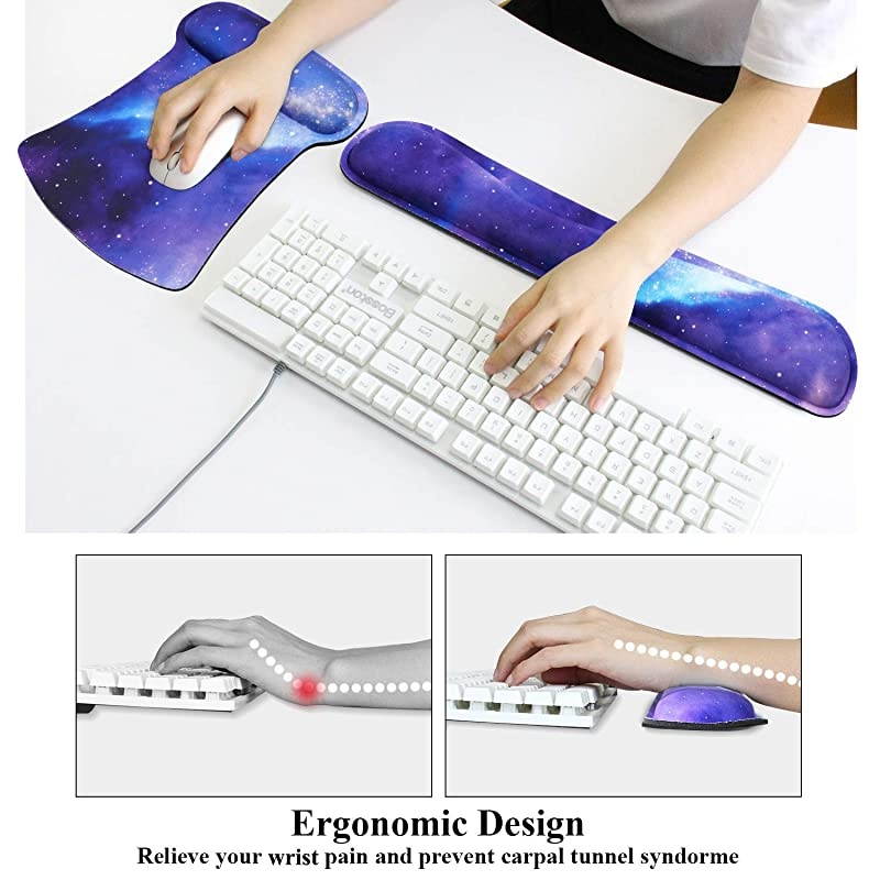 Mouse Pad Wrist Support & Gaming Keyboard Wrist Pad Combo Set &ndash; Durable Ergonomic Anti Slip Non-Slip Square Base Rest Support - Galaxy Universe