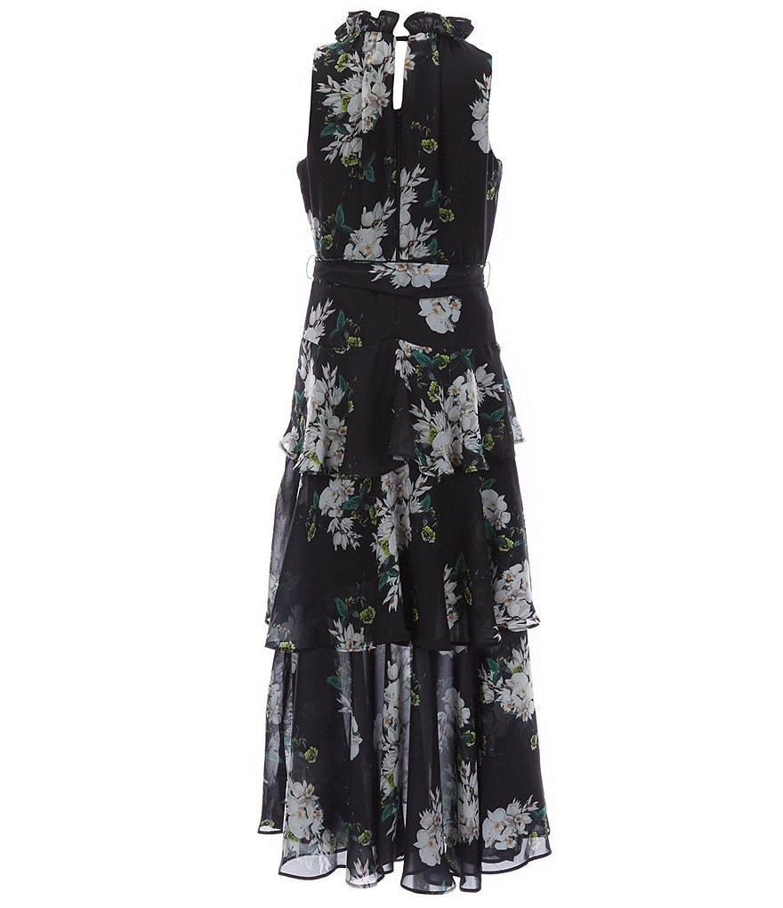Zunie Big Girls 7-16 Sleeveless Tie-Waist Floral Print Tiered Mesh Skirt Maxi Dress