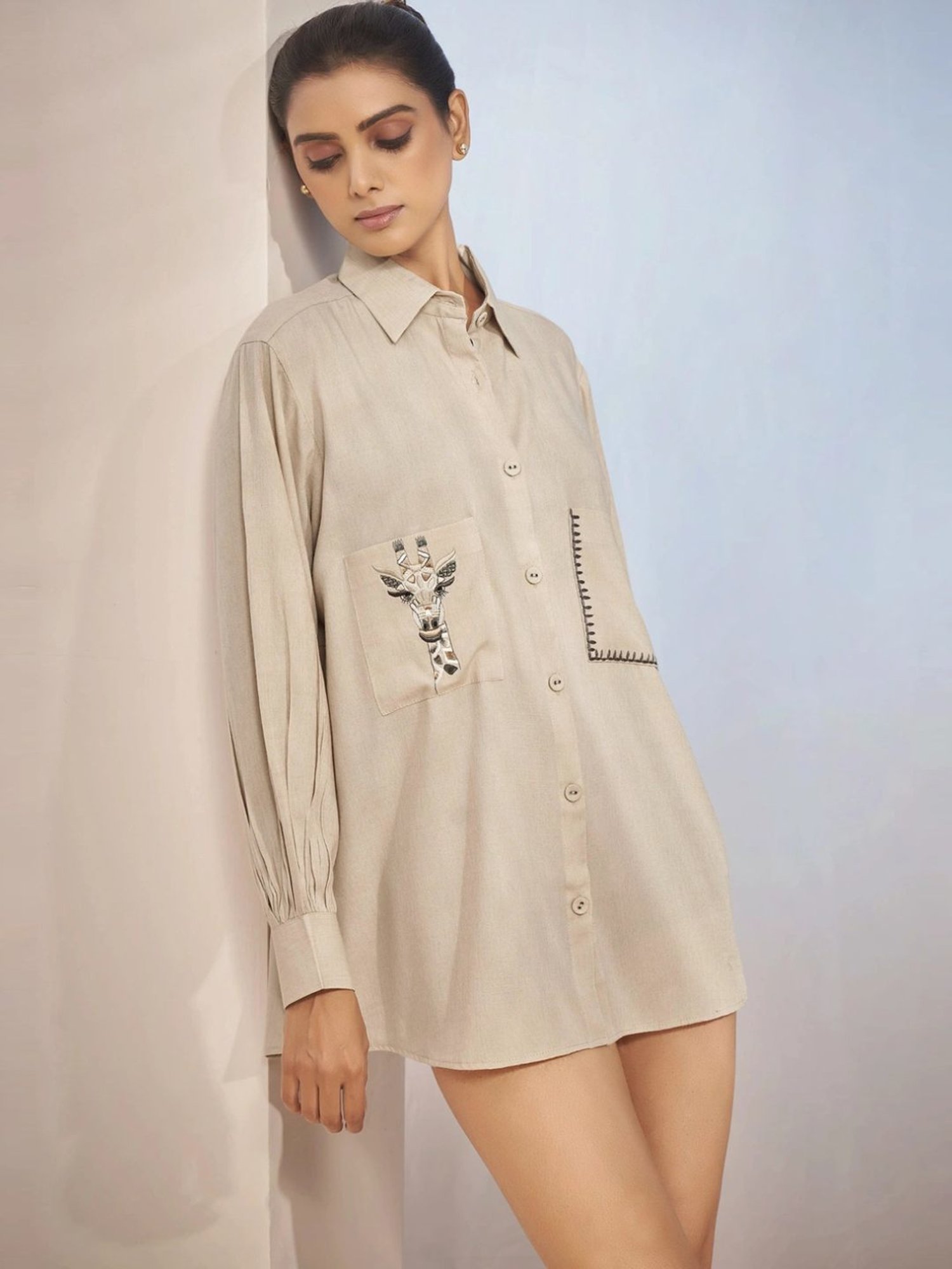 Kaftanize Beige Linen Shirt with Thread Work Embroidery