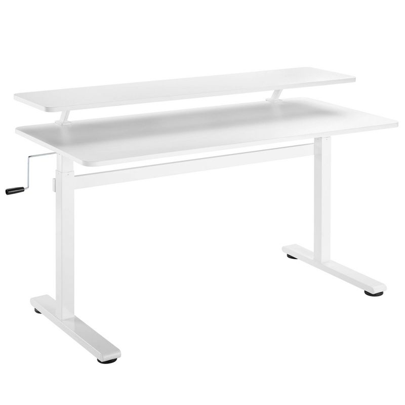 Tranzendesk Standing Desk with Clamp-On Shelf - 55" Sit to Stand Workstation with 55" Monitor Stand - White - Stand Steady