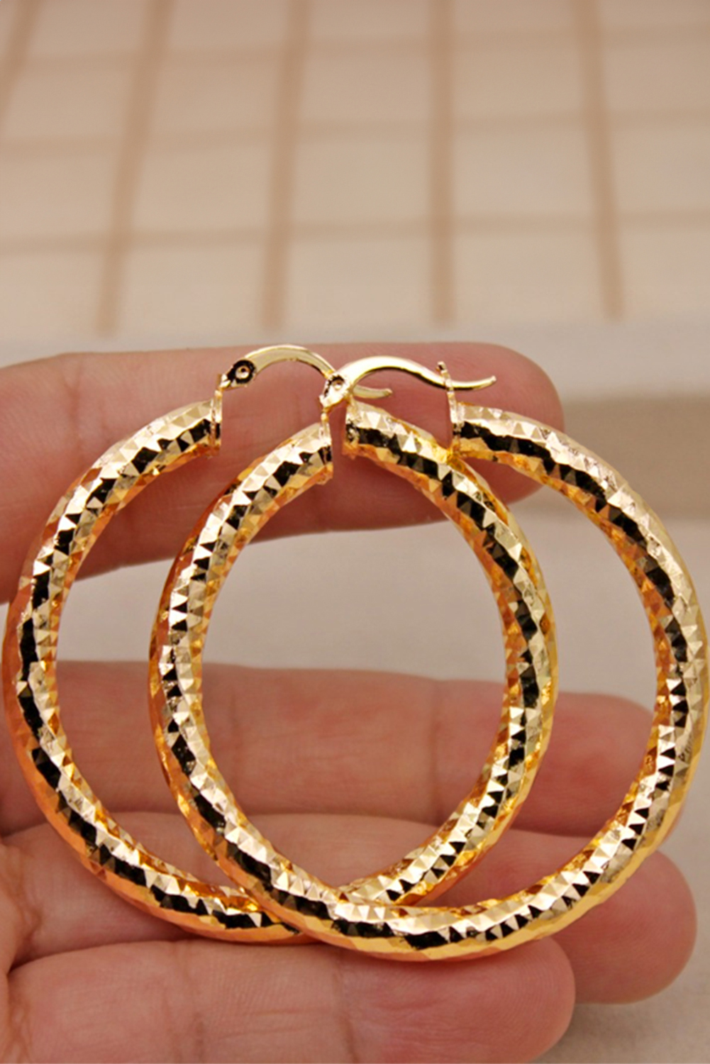 Gold Plated Diamond Cut Large Hoop Earrings