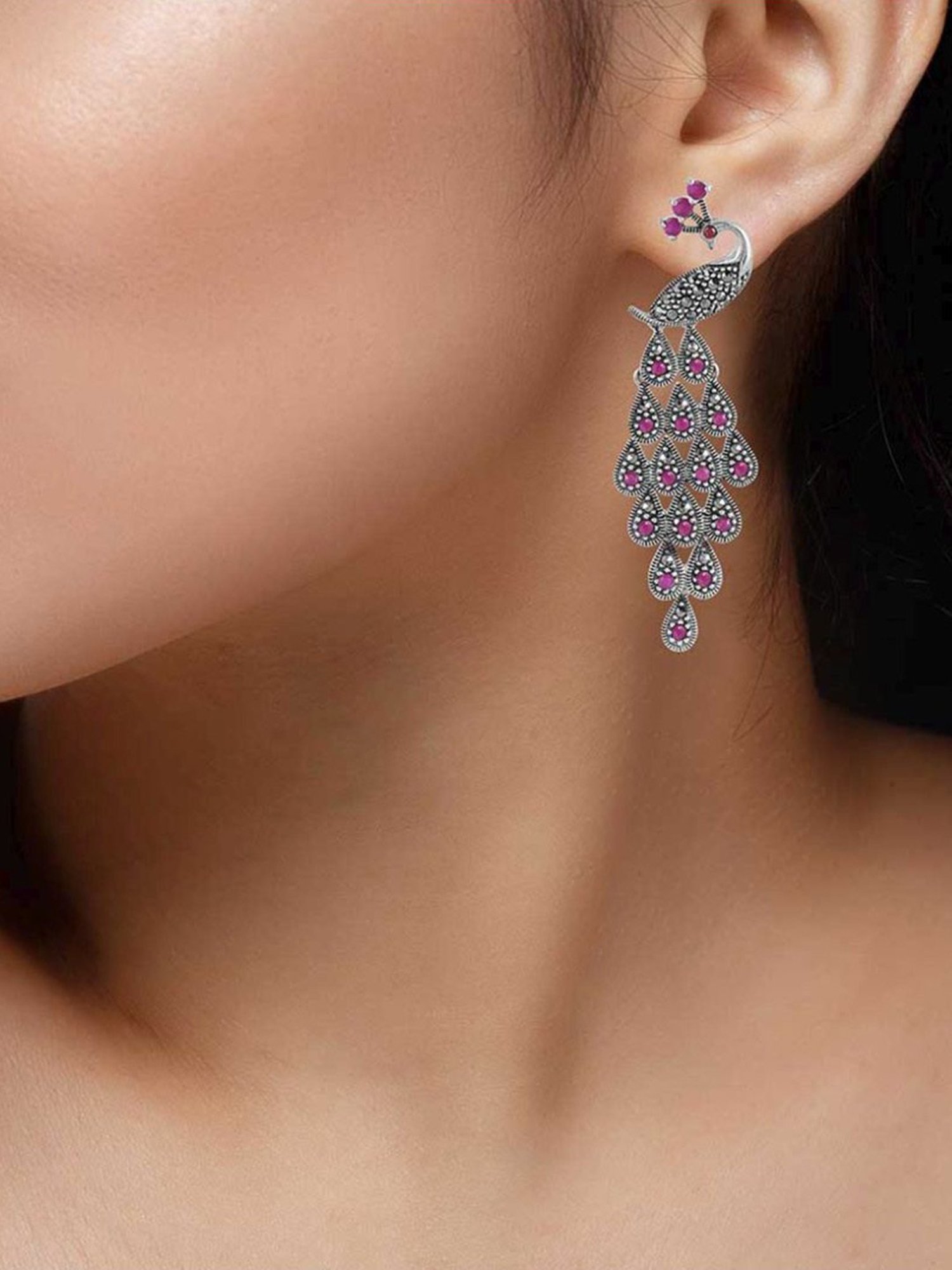 Rihi by P.C. Chandra Jewellers 925 Silver Pink Stone Peacock Pendant with Earring Set for Women