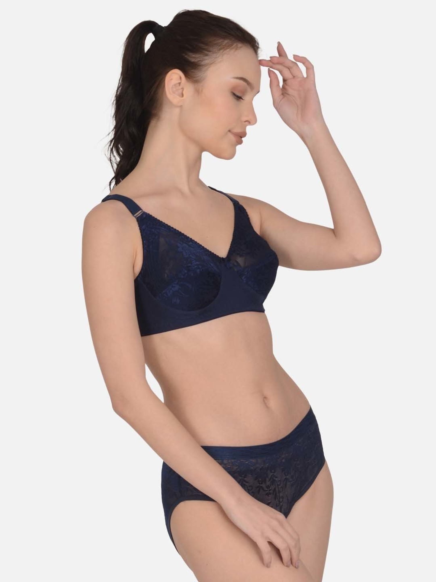 mod & shy Navy Self Pattern Non-Padded Lingerie Set